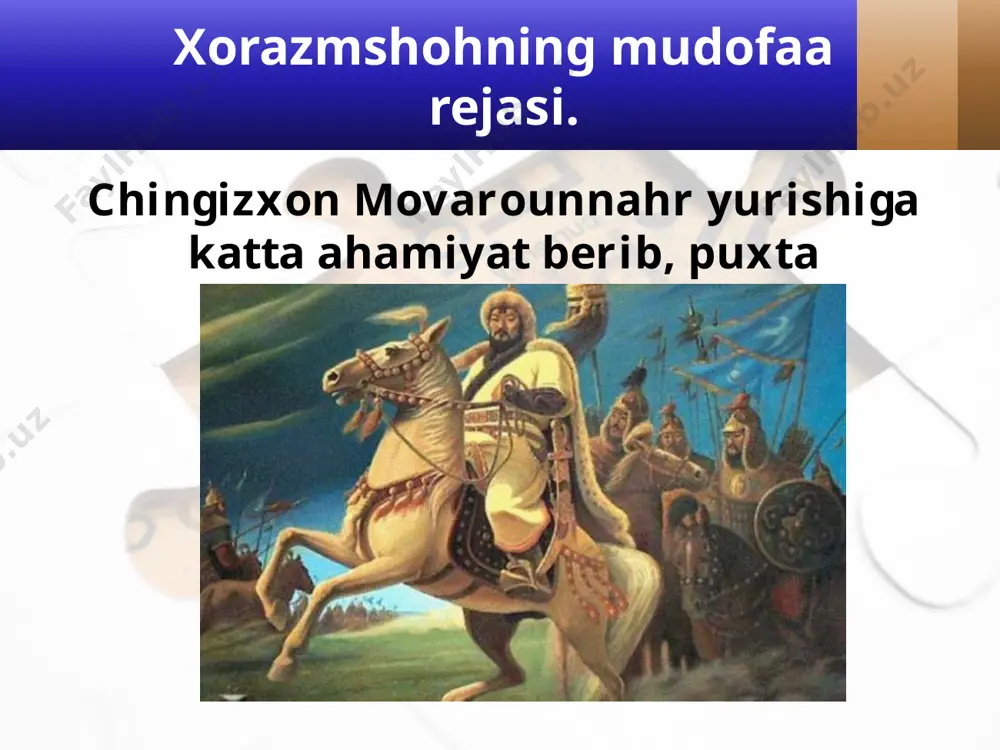 a qiluvchilar safida kechdi. urganch qamali. 1221-yilning boshlarida chingizxon qo‘shinlarining urganchga yurishi boshlandi. xorazmshohlar poytaxtida xorazmliklarning 110000 nafar qo‘shini turardi. chingizxon najmiddin kubroga ahli a’yonlari, barcha yor-u do‘stlari bilan shahar tashqarisiga chiqib, jon saqlashni taklif etgan. ammo shayx chingizxon taklifini rad qilib, “shu tuproqda tug‘ilibmiz, shu tuproqda o‘lamiz!” degan ekan. najmiddin kubro savol va topshiriqlar: 1. xorazmshoh nima uchun mudofaa rejasini ma’qul topdi? u qanday reja edi? 2. siz muhammad xorazmshoh tutgan yo‘lni qanday baholaysiz? 3. chingizxon hujumi qachon va qayerdan boshlandi? 4. najmiddin kubroning “yo vatan, yo sharofatli o‘lim” xitobi ma’nosini tushuntiring. image2.jpg image3.jpeg image4.jpeg image5.jpeg image6.jpeg image7.jpeg image8.jpeg image9.jpeg image10.jpeg image11.jpeg image12.jpeg image13.jpeg image14.jpeg image15.jpeg image16.jpg image1.jpg