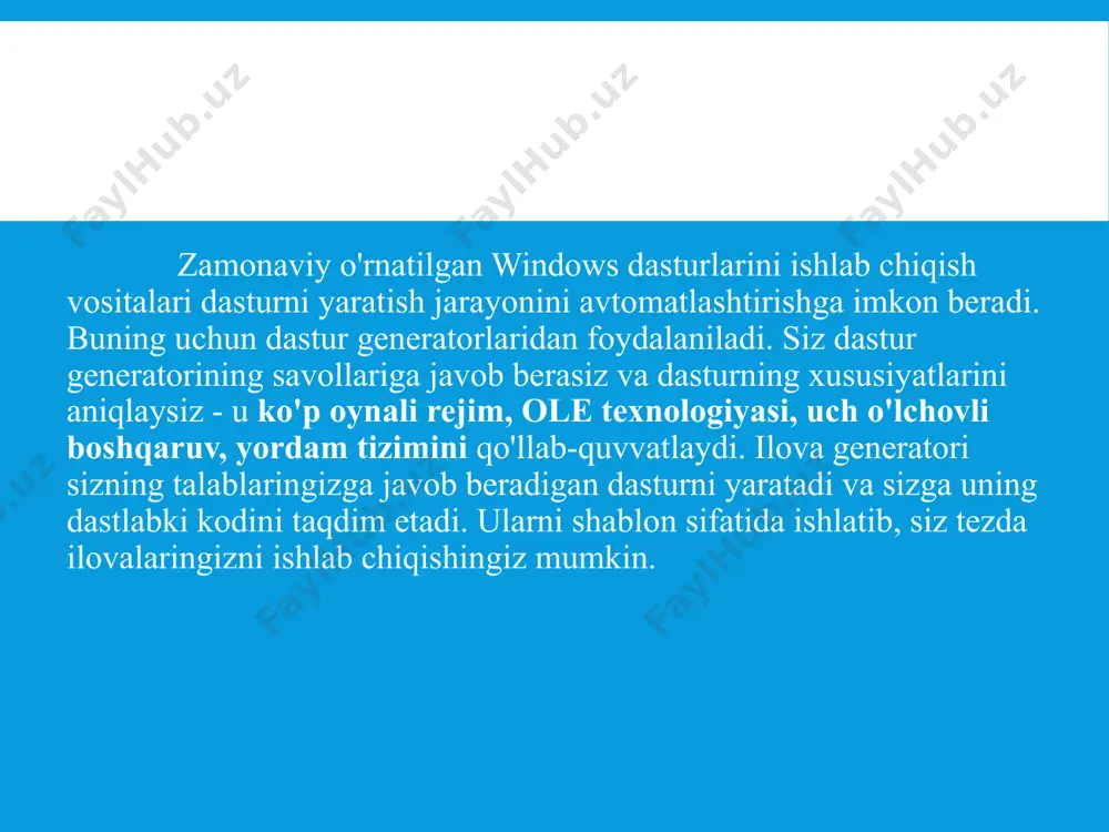 tlar bazasi to'ldiriladi va sinovdan o'tkaziladi. bu boskichning natijasi to'la funktsional dasturdir. 5.yaratilgan axborot tizimi ishga tushgandan keyin vaqt o'tgan sari o'zgartirishlar kiritilishi muqarrardir. bu bosqichda oldingi bosqichdagi ko'zga tashlanmagan xatolar to'g'rilanib tizim istalgan darajaga keltiriladi. prototip usuli tizimlar yaratilish jarayonida takrorlanish yondashuvini qo'llaydi. har bir takrorlanishda talablar va muammoning alьternativ yechimlari aniqlanadi va tahlil qilinadi, yangi dizayn tayyorlanadi va tizimning bir qismi amalda yaratiladi. талабларни аниқлаш альтернатив ечимларни таҳлили дизайн дизайнни амалда яратиш фойдаланувчининг фикри талабларни аниқлаш алтернатив ечимларни таҳлили дизайн дизайнни амалда яратиш фойдаланувчининг фикри 1чи такрорланиш 2чи такрорланиш охирги такрорланиш талабларни аниқлаш альтернатив ечимларни таҳлили дизайн дизайнни амалда яратиш фойдаланувчининг фикри дизайн дизайнни амалда яратиш альтернатив ечимларни таҳлили hozirgi zamonda prototip usuli dasturlarni tezkor yaratish (dtya) usulida ishlatiladi. dtya usuli yaratish jarayonini tezlashtirish uchun zamonaviy vositalar, texnika, metodologiya-lar va to'rtinchi avlod tillarini (4gl) ishlatadi. dtya vositalariga vizual dasturlash vositalarini misol qilish mumkin: microsoft visual basic, borland c++builder, …