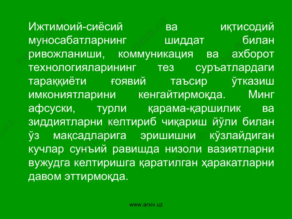 arxiv.uz www.arxiv.uz 2012 йили тожикистонда диний экстремистик фаолият билан шуғулланган 144 нафар шахс қўлга олинган. 123 нафар шахсга нисбатан 30 та жиноий иш қўзғатилган. жиноятчиларнинг 76 таси “туркистон ислом ҳаракати” ва 36 таси “ҳизбут таҳрир” дэога мансуб бўлган. www.arxiv.uz www.arxiv.uz қирғизистон ҳуқуқни муҳофаза қилиш идораларининг маълумотига кўра, мазкур республикада сўнгги беш йил ичида дэо аъзоларининг сони ўн мартага кўпайиб, деярли 50 мингга етган; “ҳизбут таҳрир” дэо мазкур мамлакатнинг ўш шаҳрида минтақавий марказини барпо қилган. биргина 2012 йили ушбу оқимга тааллуқли 20 мингдан зиёд китоб ва дискларни мусодара қилинган. www.arxiv.uz www.arxiv.uz қозоғистонда йил сайин “таблиғчилар” ва “салафийлар” жамоаларининг тарғибот-ташвиқот ишлари кенгайиб бормоқда; 2012 йили республикада 205 нафар “таблиғчи”нинг ноқонуний фаолиятига чек қўйилган; республикада терроризм билан боғлиқ жиноятлар учун қўлга олинганлар сони 2010 йили 8 та бўлган бўлса, ушбу кўрсаткич 2011 йили 44 тани, 2012 йилда эса 90 га яқинни ташкил этган. www.arxiv.uz www.arxiv.uz сўнгги йилларда: қозоғистонда “жундул халифат”, қирғизистонда “жайшул маҳдий” …
