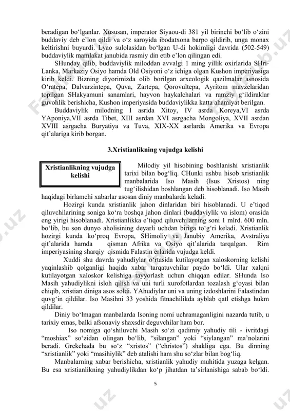olatiga erishadi. nirvana so‘zma-so‘z “o‘chish, so‘nish” ma’nolarini anglatadi. unda hayotning har qanday ko‘rinishiga intilish yo‘qoladi. buddaviylikning yo‘nalishlari: · maxayana · xinayana · lamaizm iii-vi asrlarda buddaviylik xitoy hududida keng tarqaldi. bu vaqtda poytaxt yaqinidagi loyana hamda chanani kabi shaharlarda 180 ga yaqin budda ibodatxonalari hamda diniy markazlar faoliyat yuritgan. maxayananing shakllanishida kushon davlatining roli katta bo‘lgan. mana shu erdan, kushon davlatidan, ayniqsa, kanishkaning hukmronlik davridan so‘ng buddaviylikning maxayana yo‘nalishi sharqda, markaziy osiyoning davlat va shaharlariga tarqala boshladi. buyuk ipak yo‘li orqali birinchi buddaviylik targ‘ibotchilari xitoyga kelgan edilar. keyingi buddaviylar buddaviylikning xitoyda paydo bo‘lishi haqida ko‘plab rivoyatlar va afsonalar to‘qiganlar. biroq xitoy manbalarida ham, buddaviylar rivoyatlarida ham xitoydagi birinchi buddaviy haqida biror aniq ma’lumot mavjud emas. mazkur eslatmalar ichida mashhurrog‘i imperator min-dining tushi haqidagi xabar hisoblanadi. aytilishicha, u tushida oltindan yasalgan bir but ko‘rgan, uning budda ekanligini maslahatchisi fuidan so‘rab bilgach, milodning 60-yillarida budda haqida ma’lumotlar hamda diniy matnlar keltirish uchun …