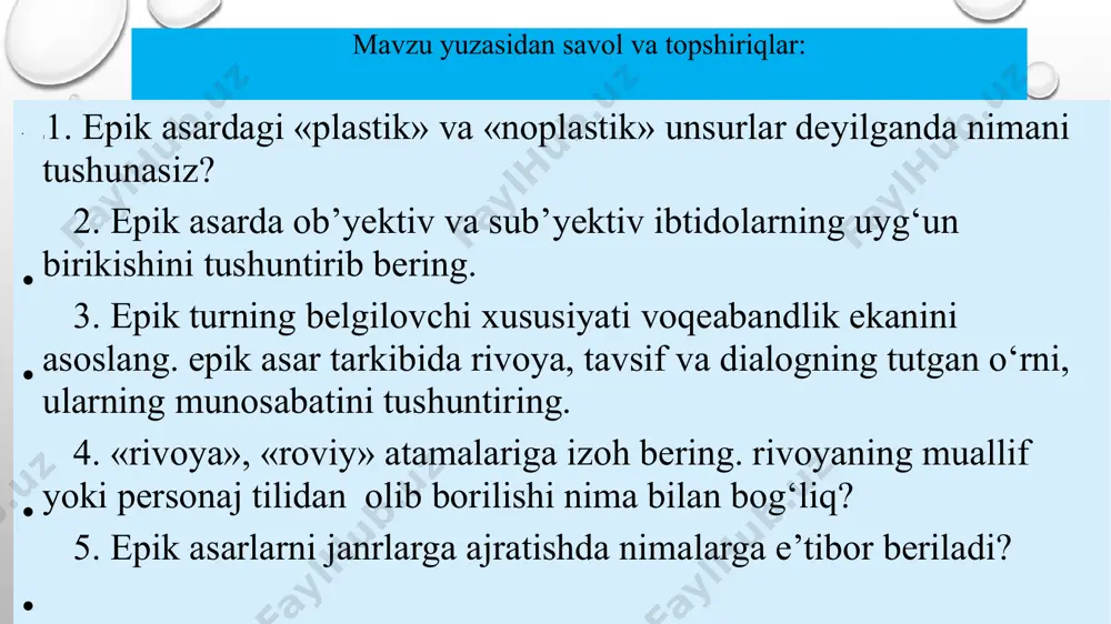 ifatida e’tirof etiladi. rivoya - makon va zamonda kechgan voqealarni so‘z vositasida aks ettirish. (sodda tilda aytsak, hikoya qilishdir.) rivoya obyekti - harakat . tavsif - turg‘un holatdagi narsa, joy, holat, xususiyat kabilarni o‘z ichiga oladi. tavsifda voqea yuz berayotgan joyga oid tafsilotlar, peyzaj, interyer, portret, muallif xarakteristikasi, ruhiy holat tasviri ifodalanadi. rivoya kompozitsiyasi rivoya kompozitsiyasida roviyning kim ekanligi muhim o’rin tutadi. epik turda rivoyaning ......... tilidan va .......... tilidan olib borilishi farqlanadi. uchinchi shaxs tilidan hikoya qiluvchi roviy tasvirlanayotgan badiiy voqelik ichida .........../ shaxsi aniq roviy deganda, roviy-muallif va roviy-personaj ko‘rsatiladi, ayrimlar esa muallif-personaj ko’rinishini ham shu siraga qo'shadi. obrazlar sistemasi obrazlar sistemasi ham kompozitsiya masalasidir. obrazlar sistemasi deyilganda detal obrazlardan boshlab badiiy voqelik qadar bir-biriga bog‘liq bir butun tizim ko‘z oldimizga keladi.. detal obrazning o’rni va ahamiyati asarda keltiriigan detallar asosida ocquvchi ko‘z oldida asarda yaratilgan badiiy voqelikning bir bo‘lagi gavdalanadi. ayni choqda, asardagi ma’lum bir detal obraz …