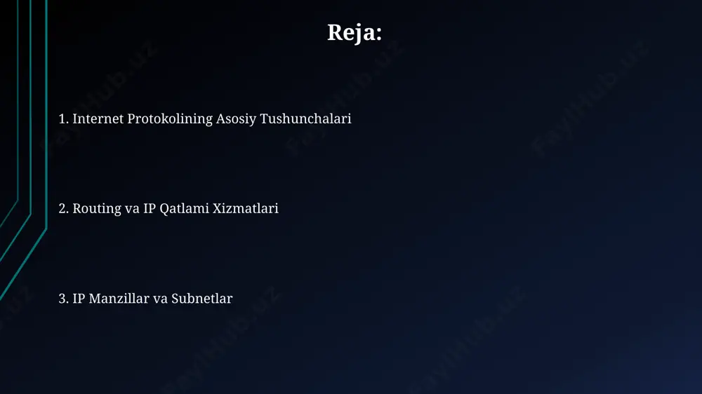 anddagi serverlarni kiberhujumlardan himoya qiladi. ip-manzillarni maskalash orqali, masalan, 192.168.1.0/24 kabi xususiy tarmoqlarni ishlatish, toshkentdagi korxonalarni tashqi tahdidlardan himoya qilishda muhim ahamiyatga ega. ip xizmatlari va protokollari ip хизматларининг ишончлилигини таъминлаш учун, масалан, ақшнинг калифорния штатидаги серверлар билан ўзбекистондан боғланишда, udp ёки tcp каби юқори даражали протоколлардан фойдаланилади. ip хизматлари tcp/ip моделининг 4-қаватида ишлайди ва 1983 йилда интернетда кенг қўлланилган, бутун дунё бўйлаб маълумотларни юбориш учун асосий протокол ҳисобланади. internet protokolining ta'rifi ip protokoli, 1980-yillarning boshlarida ishlab chiqilgan va keyinchalik takomillashtirilgan, paketlarni manzilini aniqlash va ularni tarmoq orqali o'tkazish uchun manzilni belgilash va yo'naltirish algoritmlaridan foydalanadi, masalan, amerika qo'shma shtatlari va xitoy o'rtasidagi aloqani ta'minlaydi. internet protokoli (ip) ma'lumotlar paketlarini manzilga yetkazish uchun ishlatiladigan asosiy tarmoq protokoli bo'lib, ipv4 va ipv6 kabi turli xil versiyalarga ega bo'lib, dunyo bo'ylab 4 milliarddan ortiq qurilma ulanishini ta'minlaydi. ip manzillari va subnetlar ip-manzil 192.168.1.100 toshkent shahridagi uy tarmog'ida joylashgan bo'lib, subnet maskasi 255.255.255.0 …