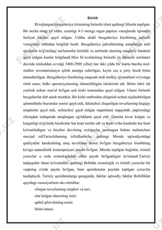 o'rib chiqildi. ma'lumotlar sarlavha bo'yicha guruhlangan. ba'zi turlari tovarlar yoki qiymatlar. tovar aylanmasiga ko'ra balans ko'rsatildi, u dastlabki qoldiq bilan umumlashtirildi va olingan natija tovarlarning haqiqiy mavjudligi bilan taqqoslandi. aynan shu yozuvlarda zamonaviy buxgalteriya hisobida qo'llaniladigan sintetik va analitik buxgalteriya hisobi paydo bo'ldi. qadimgi bobilda, shuningdek, buxgalteriya hisobi bo'yicha maxsus qonunlar mavjud bo'lib, u ibodatxonalarga davlat hisobini, savdogarlarga - mustaqil buxgalteriya hisobini yuritishni buyurgan. yozma tilxatsiz pul o'tkazish haqiqiy emas deb topildi. fan tarixi insoniyatning kognitiv faoliyatining ko'p asrlik rivojlanishining aksidir. u muammolarni shakllantirish jarayonini va ularni hal qilish yo'llarini ko'rsatishga imkon beradi, yangi narsalarni ob'ektiv baholashga o'rgatadi. buxgalteriya hisobi tarixini o'rganar ekan, buxgalter uni o'zgartira olmaydi, lekin uni qayta ko'rib chiqishga qodir. buxgalteriya hisobi olti ming yil oldin insoniyat sivilizatsiyasi bilan birga paydo bo'lgan. va uning birinchi qadamlari tarix uchun juda katta oqibatlarga olib keldi. iqtisodiy hayotning ehtiyojlari buxgalteriya hisobining rivojlanishiga sabab bo'ldi, bu esa o'z navbatida tsivilizatsiyaning, ayniqsa …