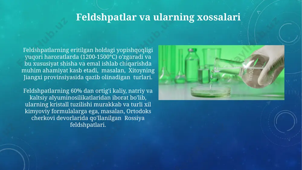 brazivlar sifatida ishlatilishini belgilaydi. silicium kislotali birikmalarning olinishi silikatlarning gidroliz reaksiyasi orqali, masalan, 200°c da kaliy silikatning suyultirilgan xlorid kislota bilan reaksiyasi natijasida kremniy kislotasining turli xil shakllari olinadi. organik kremniy birikmalarini gidroliz qilish usuli orqali, masalan, tetraetilortosilikatning 10% li gidroksidi eritmasi bilan 25°c da reaksiyasi orqali, kremniy kislotaning kolloid eritmalarini olish mumkin. silikatlarning zichligi sillikatlarning zichligi, tarkibidagi metallarning atom massasi va kristall panjara tuzilishiga bog'liq bo'lib, masalan, 2,6 g/sm³ dan 3,5 g/sm³ gacha o'zgarib turadi va bu ko'rsatkichlar turli xil silikat minerallari, jumladan, kvarts va feldşpatlar uchun xosdir. o'rta osiyo hududida uchraydigan silikatlarning zichligi geografik joylashuviga va minerallarning tarkibiga qarab, taxminan 2,7 dan 3,2 g/sm³ gacha o'zgarib turadi, bu esa minerallarni aniqlashda muhim omil hisoblanadi. silikatlarning ekologik ahamiyati sillikatlarning 70% dan ortig'i yer qobig'ining tarkibini tashkil etadi va bu tog' jinslari, tuproqlar va minerallarning shakllanishiga katta ta'sir ko'rsatadi, masalan, granit va kvarts kabi. dunyo miqyosida, ayniqsa, osiyo va shimoliy …
