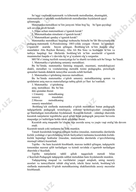 adi. bu hol matematika o‘qitish masalalarini hal etishda metodik va nazariy yaqinlashishning bir butunligini ta‘minlaydi. ikkinchi tomondan, pedagogika umumiy qonuniyatlarini shakllantirishda xususiy metodikalar tomonidan erishilgan ma‘lumotlarga tayanadi, bu uning hayotiyligi va aniqligini ta‘minlaydi. shunday qilib, pedagogika metodikalarning aniq materialidan ―oziqlanadi‖, undan pedagogik umumlashtirishda foydalaniladi va o’z navbatida metodikalarni ishlab chiqishda yo’llanma bo’lib xizmat qiladi. matematika metodikasi pedagogika, psixologiya va yosh psixologiyasi bilan bog’liq. boshlang’ich matematika metodikasi ta‘limning boshqa fan metodikalari (ona tili, tabiatshunoslik, rasm, mehnat va boshqa fanlar o‘qitish metodikasi) bilan bog’liq. o‘qitishda predmetlararo bog’lanishni to’g’ri amalga oshirish uchun o‘qituvchi buni hisobga olishi juda muhimdir. ilmiy-tadqiqot metodlari – bu qonuniy bog’lanishlarni, munosabatlarni, aloqalarni o’rnatish va ilmiy nazariyalarni tuzish maqsadida ilmiy axborotlarni olish usullaridir. kuzatish, tajriba, maktab hujjatlari bilan tanishtirish, o‘quvchilar ishlarini o’rganish, suhbat va so’rovnomalar o’tkazish ilmiy-pedagogik tadqiqot metodlari jumlasiga kiradi. so’nggi vaqtlarda matematik va kibernetik metodlardan, shuningdek, matematekani o‘qitishda modellashtirish metodlaridan foydalanish qayd qilinmoqda. matematika metodikasi ta‘lim jarayoni bilan …