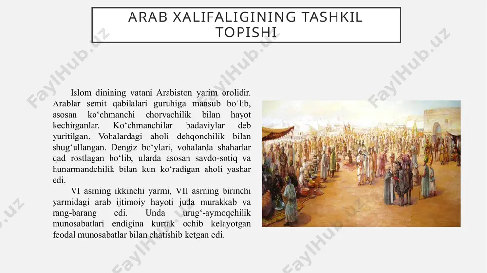 rlariga hujum uchun imkoniyat yaratiladi. arablarning o‘rta osiyoga dastlabki yurishlar ubaydulloh ibn ziyod boshchiligida 651 yilda marvni egallash bilan boshlandi. arablar amudaryo (jayxun)dan shimolda joylashgan yerlarga “movarounnahr”, ya’ni, “daryoning ortidagiyerlar” deb nom berishadi. narshaxiy va arab muallifi yoqut bergan ma’lumotlarga ko‘ra, muhammad payg‘ambarning shaxsan o‘zi movarounnahrni bo‘ysundirishni muqaddas deb hisoblagan va islomga e’tiqod etuvchilarni bu muqaddas ishga da’vat etgan 652 yilda arablar balx shahrini egallashga muvaffaq bo‘ldilar. o‘sha yili amudaryodan o‘tib movarounnahrga hujum qilish rejasi arablar uchun muvaffaqiyatsiz tugaydi. ammo, xuroson noibi abdulloh ibn amir 652 yilda chag‘oniyonni egallashga muvaffaq bo‘ldi. bu esa ilk bor movarounnahr yerlarini egallash edi arablarning orta osiyoga dastlabki yurishlari . 654 yilda sug‘ddagi maymurg‘ qal’asiga arablarning birinchi hujumi bo‘ladi. 667 yilda arablar chag‘oniyonga qayta yurish qilib eftaliylarga kuchli zarbalar berdilar. arablar keng miqyosdagi hujumlarga tayyorgarlik ko‘ra boshlagan edilar. manbalarning ma’lumot berishicha, movarounnahrga yurish qilishdagi harbiy-siyosiy tayyorgarlikdan biri, xalifalikning basra va kufa shaharlaridan 50 ming arab …