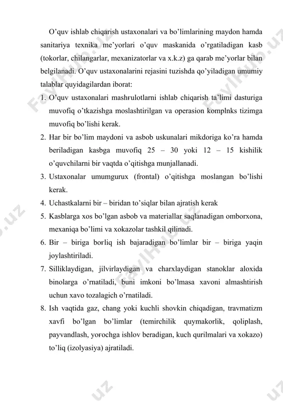 tartibda foydalanadigan asosiy o’quv ishlab chiqarish asbob – uskunalari quyidagilardir: xizmat ko’rsatish, tekshirish ustaxonalari uchun yonilgi nasoslarini tekshirish stendi, forsunkalarni tekshirish stendi va boshqalar, chilangarlik ustaxonalari uchun chilangarlik tiskisi o’rnatilgan dastgox va shu kabilar. umumiy foydalanishga muljallangan yordamchi o’quv ishlab chiqarish asbob – uskunalari, parmalash va charxlash stanoklari, rejalash va to’ғrilash plitkalaridan iborat. o’quv ishlab chiqarish asbob – uskunalari, shuningdek mexanizasiya vositalari hozirgi zamon texnikasi talablariga javob berishi va o’quvchilarga o’quv dasturidagi barcha mavzularni o’rganish imkoniyatini yaratishi kerak. yakka tartibda foydalanishga muljallangan asosiy o’quv ishlab chiqarish asbob – uskunalarining mikdori o’quvchilarning ko’pi bilan ikki smenada ishlashlarini nazarda tutib belgilanadi. har bir kasb uchun aloxida, keraqli asbob – uskunalar bilan jixozlangan ish urni bo’lishi shart. shunday qilib ishlab chiqarish bilan nazariy o’qitish kun ora almashinib turganda bir smenali ish kunida bir o’quvchi o’rnida ikki o’quvchi ishlashi mumkin. umumiy foydalanishga muljallangan asbob – uskunalarning turi va tarkibi o’quv dasto’rining talabi hamda o’quv …
