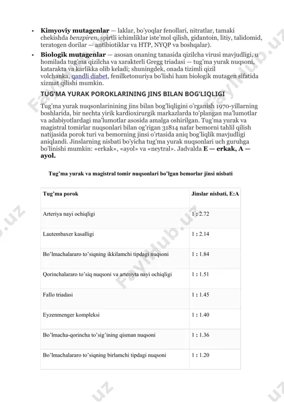 n pulmonal stenoz va boshqalar); · katta qon aylanishining doirasini zaiflashtirilishi bilan (izolyatsiyalangan aortal stenoz, aortaning koarktatsiyasi va boshqalar); · tizimli gemodinamikaning sezilarli buzilishisiz (yurakn dispozitsiyalari — dekstro-, sinistro-, mezokardiyalar, yurak distopiyasi — bo’yin, ko’krak, qorinli). 2. ko’k (qonning o’ng-chap oqimi bilan, arterial va venoz qon aralashadi). 2 guruhni o’z ichiga oladi: · kichik qon aylanishi doirasini boyitilishi bilan (magistral tomirlarning to’liq transpozitsiyasi, eyzenmenger kompleksi va boshqalar). · kichik aylanish doirasini zaiflashtirilishi bilan (fallo tetradasi, ebshteyn anomaliyasi va boshqalar). 2000-yilda tug’ma poroklarni umumiy tasniflash tizimini yaratish uchun xalqaro nomenklatura ishlab chiqildi. gipoplaziya gipoplaziya yurakni shikastlashi mumkin, bu odatda o’ng yoki chap qorincha yetishmovchiligiga olib keladi. bu yurakning faqat bir tomoni qonni tanaga va o’pkaga samarali ravishda hayday olishi mumkinligiga olib keladi. yurak gipoplaziyasi kam uchraydi, ammo bu typ`ning eng jiddiy shakli. bunday holatlar yurakning chap tomoni shikastlanganda, yurakning chap bo’limlari gipoplaziyasi sindormi, yurakning o’ng tomoni shikastlanganda esa yurakning o’ng bo’limlari …