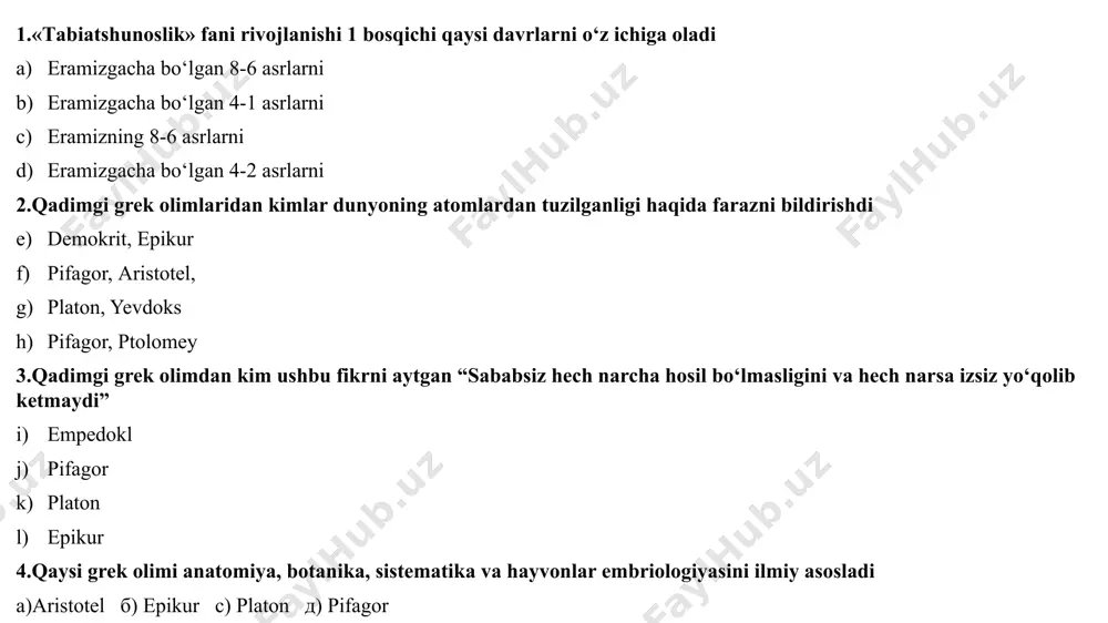 a 3- bosqich 8 va 12-asrlarda 2- bosqich eramizgacha bo‘lgan 6-1 asr 5 bosqich 19 asrda 12.biotexnologiya, sinergitika, kibernetika kabi fanlar «tabiatshunoslik» fani rivojlanishining qaysi bosqichiga to‘g‘ri keladi 6-bosqich 4-bosqich 5-bosqich 3-bosqich 13.yer shari o‘z o‘qi atrofida qaysi tomonga aylanadi g‘arbdan sharqqa sharqdan g‘arbga g‘arbdan shimolga sharqdan shimolga 14.sutka debnimaga aytiladi yerning o‘z o‘qi tevaragida aylanib chiqish vaqti sutka deb aytiladi oyning yana shu o‘z o‘qi tevaragida aylanib chiqish vaqti sutka deb aytiladi oyning yer atrofida 12 soat aylanishi sutka deb aytiladi yerning quyosh arofida aylanishi sutka deb aytiladi 15.yer o‘z o‘qi atrofida qancha vaqtda bir marta to‘liq aylanib chiqadi 24 soat 56 minut 4 sekundda to‘la bir marta aylanib chiqadi 22 soat 56 minut 4 sekundda to‘la bir marta aylanib chiqadi 23 soat 56 minut 4 sekundda to‘la bir marta aylanib chiqadi 23 soat 25 minut 4 sekundda to‘la bir marta aylanib chiqadi 16. yer aylanishining burchak hisobidagi tezligi …