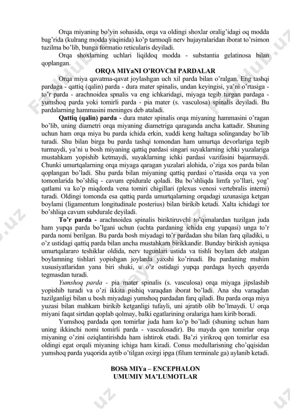 rior boshqalariga nisbatan ingichkaroq bo’lib, fissura mediana anterior bilan sulcus lateralis anterior o’rtasida joylashadi, orqadagi tizimcha - funiculus posterior orqadagi o’rta egat - sulcus medianus posterior bilan sulcus lateralis posterior o’rtasida yon tizimcha - funiculus lateralis esa sulcus lateralis anterior bilan sulcus lateralis posterior o’rtasida joylashgan. bu yon egatlardan orqa miya nervlarining boshlang’ich nerv ildizlari chiqadi. oldingi yon egatlar bo’ylab har ikki tomondan nervlarning oldingi ildizlari - radix ventralis, orqadagi yon egatlardan esa nervlarning orqadagi ildizlari - radix dorsalis chiqadi. bu ildizlarning oldingi harakatlantiruvchi nerv tolalaridan, orqadagi ildizchalar esa sezuvchi nerv tolalaridan tashkil topgan. ular orqa miyadan chiqqandan so’ng umurtqalarning kemtiklari qo’shilishidan hosil bo’lgan yon teshiklari oldida yoki ichida bir-biri bilan birikadi va aralash (harakatlantiruvchi va sezuvchi tolalardan tuzilgan) nerv hosil qiladi. shu ikki ildizchaning qo’shilish joyida orqadagi ildizcha hisobidan tuguncha - ganglion spinale paydo bo’ladi. bunday tuguncha hamma orqa miya nervlarining orqadagi ildizlarida bor. orqa miyadan hammasi bo’lib 31 …