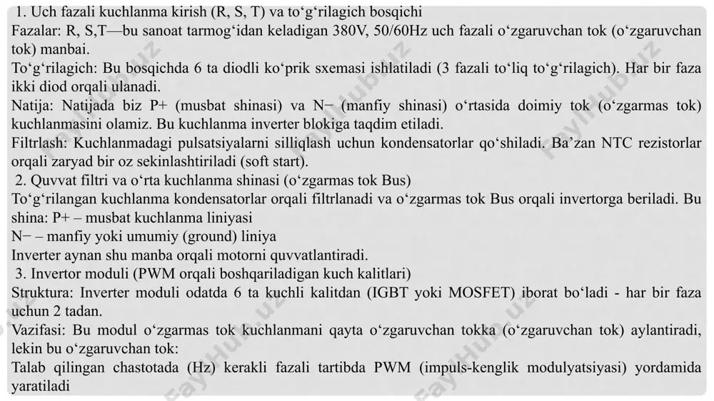 chi 1.5 kw quvvatga ega . servo motor uchun servo kuchaytirgich tanlash juda muhum hisoblanadi. servo kuchaytirgich tanlashda quvvat sig’imi, tok sig’imi, boshqaruv rejimi mos bo’lishi kerak. quvvati va toki servo motornikidan balandroq bo‘lishi kerak. servo kuchaytirgich quyidagi rejimlarni qo‘llab - quvvatlashi kerak: torque control (moment nazorati) speed control (tezlik nazorati) position control (pozitsiya nazorati). bu talablarga mos keluvchi inovance sd700 - 15a tipli servo kuchaytirgichni tanladim. inovance sd700 - 15a: nominal quvvat: 1. 5 kw nominal tok: ~6. 0 a maksimal tok: ~18 a moslik holati: to‘liq mos keladi. afzallik: eng yuqori samaradorlik (96–97%) , eco - mode va regeneratsiya funksiyalari mavjud. eng optimal tanlov bu inovance sd700 - 15a bo’ldi. bunga asosiy sabablari: minimal talablarni to‘liq qoplaydi, yuqori foydali ish koeffitsienti (96–97%) , eco - mode bilan energiyani avtomatik tejaydi, regeneratsiya funksiyasi orqali ortiqcha energiyani tarmoqqa qaytaradi, zamonaviy interfeyslar bilan ethercat, modbus, canopen ni qo‘llab - quvvatlaydi. bu …