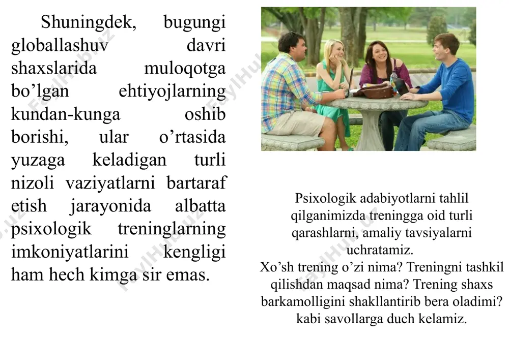 sning kommunikativ malakasini oshirmay, ijtimoiy munosabatlarini o'zgartirmay turib, shuningdek, ijtimoiy dunyoga va o'ziga bo'lgan umumiy munosabatini qayta ko'rib chiqmasdan insonning shaxsiy fazilatlari majmuasini, shakllantirib bo’lmaydi. ammo, hozirgi vaqtda ijtimoiy-psixologik treninglarning faqat aloqa vositasi ekanligi bilan bog'lash to’g’ri kelmaydi. 16 sotsial psixologik trening nafaqat shaxslararo munosabatlarning shakllantirish omili, balki shaxsning o’z-o-‘zini adekvat baholashi, har qanday vaziyatlarda o’zini nazoratga olish imkoniyatlarni yaratib berishi bilan boshqa amaliy mashg’ulotlardan quyidagi maqsadlar orqali farqlanadi. 17 1 shaxsda muloqotchanlik ko’nikmalarini hosil qilish; kutilmagan vaziyatlarda to’g’ri qaror qabul qila olish konikmalarini hosil qilish kabi. 2 4 3 hayotdagi qarama-qarshiliklarni to’g’ri tushuna olish va tahlil qilishga o’rgatish; shaxsning ichki holati (ruhiyatini) o’zgartirishga erishish; shaxsning kamoloti uchun zarur bo’lgan konikmalarni hosil qilish; 5 treningni asosiy vazifalari: 18 3. samarali muloqatda namoyon bo’ladigan zarur sifatlar, ijtimoiy ustanovkalarni shakllantirish, noadekvatlarni korreksiyalash. 4. o’zini-o’zi to’laroq anglash, bilim hamda o’zgalarga nisbatan to’gri munosabatlarni shakllantirish qobilyatini o’stirish. 5. umuman shaxsning ijtimoiy munosabatlarini faoliyatga, undagi …
