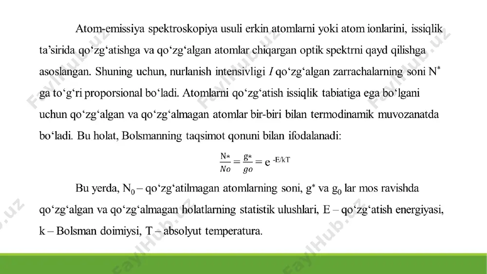 iy yo‘nalishlaridan biri bo‘lgan atom-emission spektroskopiya bugungi kunda turli sohalarda keng qo‘llanilmoqda. bu metod moddalar tarkibidagi elementlarni sifat va miqdoriy jihatdan aniqlash uchun ishlatiladi va atomlarning uyg‘otilgan holatdan asosiy holatga o‘tishida chiqaradigan nurlarini tahlil qilishga asoslangan. ushbu usulning muvaffaqiyatli ishlashi uchun maxsus asboblar va texnik vositalar majmuasidan foydalanish zarur bo‘ladi. bu texnik vositalar har bir bosqichda muhim funksiyalarni bajaradi va tahlilning aniqligi, ishonchliligi va sezuvchanligiga bevosita ta’sir ko‘rsatadi. e’tiboringiz uchun rahmat image1.png image1.jpeg image2.png image3.jpeg /docprops/thumbnail.jpeg