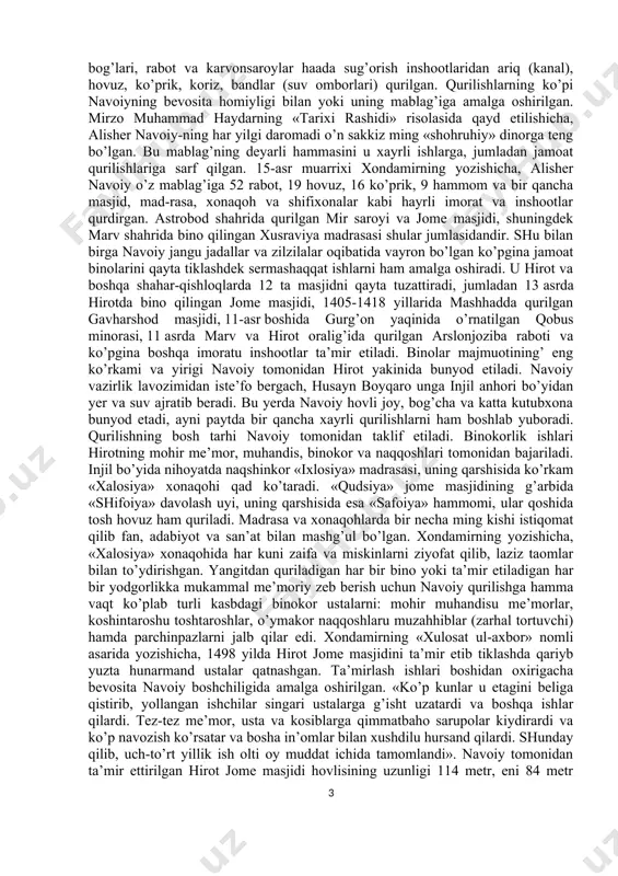 a xos yangi ma’lum maqsadga qaratilgan yechimlar asosida qurish bilan birga, ularni bezashda ham yangi usullar qo’llaniladi. binolarning peshtoqlari va xonalarning ichki devorlari qabartma rango-rang parchinlar, oq yoki zangori rang ustiga zarhal berilgan islimiy naqshlar, ba’zan esa epigrafik yozuvlar bilan pardozlanadi. bu davr me’morchiligi va amaliy san’atida asriy an’analar yanada takomillashtirilib, yuqori darajali ma’naviyatni anglatuvchi o’ziga xos uslub yaratiladi. bu uslubda bino qilingan imoratlar o’zining uyg’unligi, qismlarining mutanosibligi, rang-barangligi va tantanali manzara kashf ettiruvchi vositalari bilan ajralib turadi. darhaqiqat, o’zining mukammalligi, yetuk shakli nafisligi va go’zal naqshlari bilan kishini mahliyo etuvchi 14-15 asrlar qurilish san’atining ajoyib durdonalari minglab kishilar mehnatining mahsulidir. ularda xalq ichidan yetishib chiqqan mohir me’mor, naqqosh va bannolarning aql-idroki, mahorati va qurilish sohasidagi ko’p asrli tajribasi o’z ifodasini topgan. bu me’moriy obidalarning muhandisu tarrohlari go’zallikning ob’ektiv qonunlarini chuqur bilganlar, o’z ijodlarida davrning g’oyasi va ruhini bera olganlar. ularning me’moriy usuli, naqshi, o’ziga xos xislat va fazilatlari beqiyos …