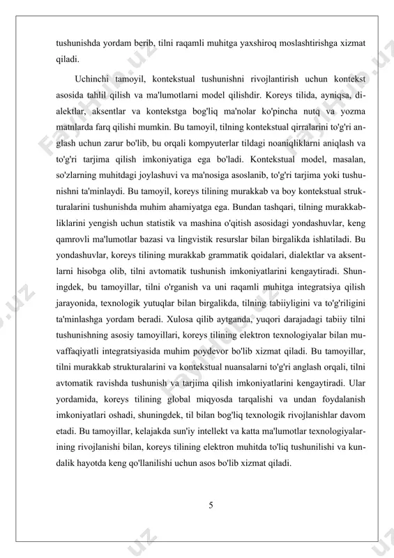 yozma matnni tanib olish (optical character recognition - ocr) texnologiyasi esa, rasm yoki skanerlangan hujjatlardan koreys yozuvlarini avtomatik ravishda ajratib olish va matn shaklida chiqarishni maqsad qilgan. bu jarayon uchun, kompyuter ko'rish texnologiyalari va mashina o'qitish algoritmlari qo'llaniladi. ocr tizimlari, asosan, harflar va so'zlarning shaklini tanib olish, ularni lug'at bilan solishtirish va matn formatida chiqarish uchun mo'ljallangan. koreys yozuvi, o'ziga xos grafikalari bilan, bu jarayonda qiyinchiliklar tug'dirishi mumkin, shuning uchun, rivojlangan model va keng ma'lumotlar bazalari bilan ta'minlash muhim ahamiyat kasb etadi. koreys tilini avtomatik tanib olishda, mashina o'qitish va sun'iy intellekt texnologiyalarining rivojlanishi muhim rol o'ynaydi. bu texnologiyalar yordamida, tizimlar kontekstni tushunish qobiliyatiga ega bo'lib, nisbatan yuqori aniqlik bilan nutq va yozma matnlarni ajrata oladi. masalan, samsung, naver, kakao kabi yirik kompaniyalar, koreys tilining tanib olish texnologiyalarini rivojlantirishda katta hissa qo'shmoqda. ular, shuningdek, dialektlar va aksentlarning aniqligini oshirish uchun maxsus modellar ishlab chiqmoqda, bu esa tilni to'liq tushunish va …