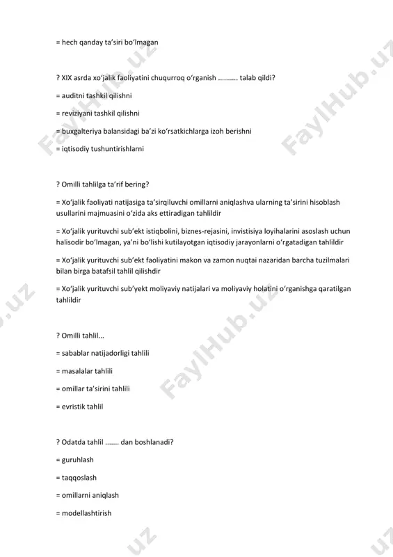ladi? = aktiv tomon – 1-bo‘limda = passiv tomon – 1-bo‘limda = passiv tomon – 2-bo‘limda = aktiv tomon – 2-bo‘limda ? umumiy hajmda mahsulot sotish rejasining bajarilishi qanday aniqlanadi =umumiy sotilgan mahsulotlar qiymati rejadagi ishlab chiqarish hajmiga bo‘linib, yuzga ko‘paytiriladi =umumiy ishlab chiqarilgan mahsulotlar qiymati rejadagi mahsulot qiymatiga bo‘linib, yuzga ko‘paytiriladi = shartnoma majburiyatlari bo‘yicha sotilgan mahsulotlar qiymati rejadagi sotish hajmiga bo‘linib, yuzga ko‘paytiriladi = umumiy sotilgan mahsulotlar qiymati rejadagi sotish hajmiga bo‘linib, yuzga ko‘paytiriladi ? tovar-moddiy zahiralari nimani bir qismi? = joriy aktivlarni = uzoq muddatli majburiyatlarni = uzoq muddatli aktivlarni = qisqa muddatli majburiyatlarni ? tovarlar qaysi aktiv tarkibiga kiradi? = uzoq muddatli aktiv = joriy aktiv = uzoq muddatli investitsiya = kapital qo‘yilma ? tovar xaridor talabiga javob berishi uchun qanday parametrlarga ega bo‘lishi kerak? = me’yoriy parametrlarga, iqtisodiy parametrlarga, estetik parametrlarga = iqtisodiy parametrlarga, estetik parametrlarga, me’yoriy parametrlarga = texnik parametrlarga, ergonomik parametrlarga, estetik parametrlarga, …