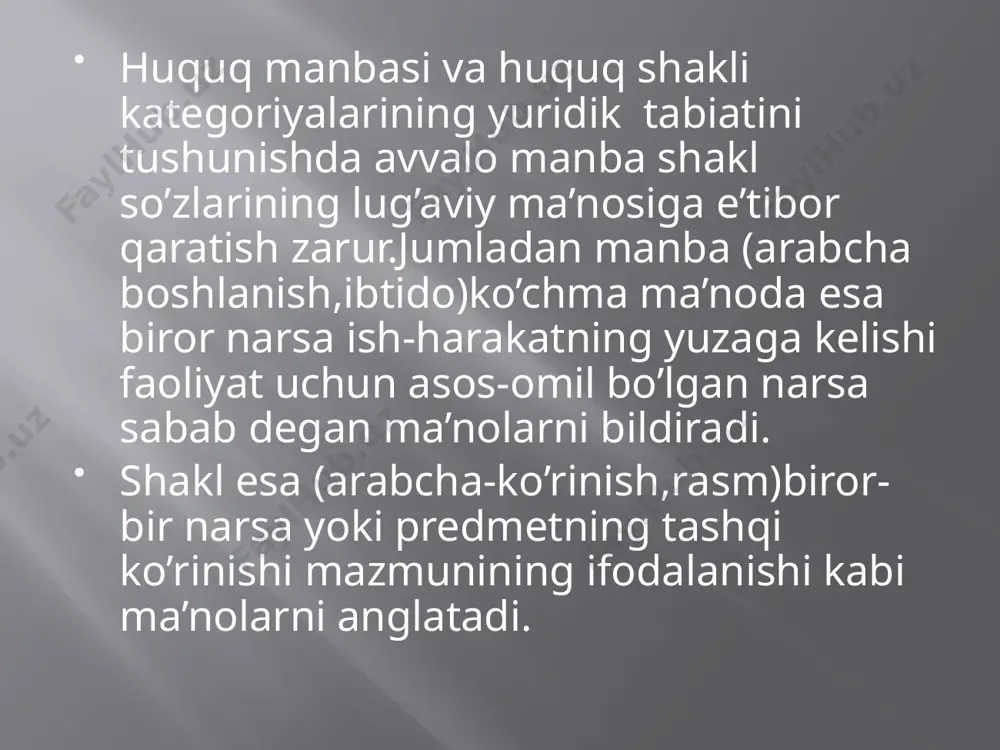 rli asoslar ya’ni huquqiy tartibga solish predmeti yoki tartibga solinayotgan ijtimoiy munosabatlarning turi normativ hujjat amal qiladigan hudud ularning yuridik kuchi mazmuni nomlanishi amal qilish xususiyati norma ijodkorligi subyektlari doirasi nuqtai nazardan amalga oshiriladi. normativ-huquqiy hujjatning quyidagi xususiyatlarini ko’rish mumkin: -davlat nomidan qonunda belgilangan tartibda qabul qilinadi -maxsus protsessual tartibda amalga oshiriladi -rasmiy shaklga ega (qonun,farmon,qaror va boshqalar) -muayyan turdagi ijtimoiy munosabatlarni tartibga solishga qaratilgan. -vakolatli subyektlarning huquq ijodkorligi faoliyati mahsuli hisoblanadi. o’zbekiston respublikasining “normativ-huquqiy hujjatlar to’g’risida”gi qonunning 5-moddasida normativ-huquqiy hujjatlarning quyidagi turlari ko’rsatib o’tilgan:o’zbekiston respublikasining konstitutsiyasi:o’zbekiston respublikasining qonunlari;o’zbekiston respublikasi oliy majlisi palatalarining qarorlari;o’zbekiston respublikasi prezidentining farmonlari va qarorlari;o’zbekiston respublikasi vazirlar mahkamasining qarorlari;vazirliklar,davlat qo’mitalari va idoralarning buyruqlari hamda qarorlari;mahalliy davlat hokimiyati organlarining qarorlari. foydalanilgan adabiyotlar: sh.a.saydullayev “davlat va huquq nazariyasi. internet web sayt“uz.m.wikipedia.org”