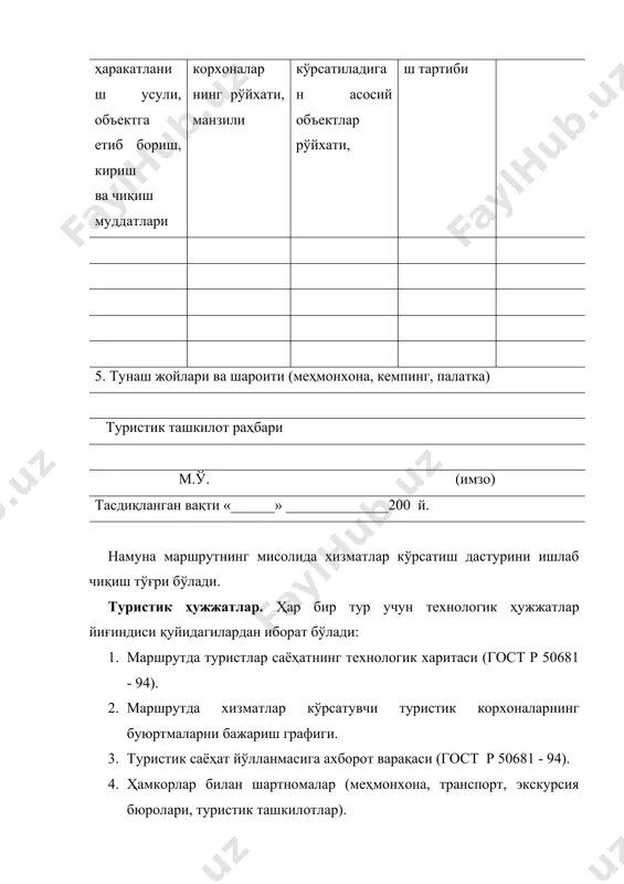 бўлиш ва нималар билан машғул бўлиш (жойлаштириш, овқатлантириш, сайр қилиш, ахборотлар бериш, санитария-гигена ҳолатларини билиш, ҳаракатланиш йўлакларини аниқ белгилаш – ошхонага, сойга, бошқа иморатларга, тиббий хизмат пунктига, ҳожатхонага, сартарошхонага, саунага, бассейнга ва ҳоказолар); · саёҳат ўтказиладиган ҳудуд, районнинг қисқача географик тавсифи (рельефи, ўсимликлари, дарёлари, аҳолиси ва уларнинг касбий фаолиятлари, диққатга сазовар жойлари, ҳар бир объектда туриш вақти ва бу объектда кўрсатиладиган хизматлар дастури); · қўшимча хизматларнинг рўйхати; · спорт объектларининг (ўйин майдони, транспорт тўхташ жойи, сув ҳавзалари, кутубхона, кинозаллар) борлиги ҳақида маълумотлар; · саёҳатни ташкил қилган туристик корхонанинг манзили ва унга етиб бориш ҳақидаги маълумотлар. б) иккинчи бўлимда · маршрутда қатнашадиганларнинг ёшини белгилашдаги чегараланиш, ота-оналарнинг болаларини ўзи билан бирга олиши ёки олишга рухсат берилиши ва берилмаслиги; · туристик саёҳатдаги экскурсиялар ва сайрларда қатнашиш шартлари, чегараланишлар, рухсатномалар, тиббиёт хулосалари; · вазият юзасидан келиб чиқадиган ахборотлар. туристларнинг маршрутда ҳаракатланиши дастури (волков ю.ф. 2004) туристларнинг келиш жойи ва муддати _____________________ __________________________________дан_____________гача 1-кун туристларнинг …