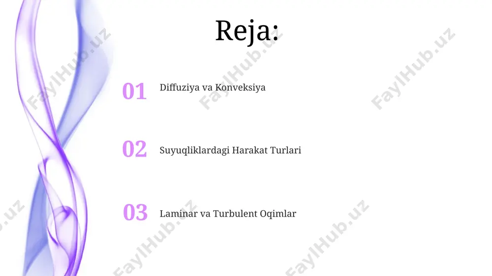 ib turadi, bu esa moddaning oʻziga xos xususiyati va suyuqlikning yopishqoqligiga bogʻliq. suyuqliklardagi diffuziya tezligi haroratga bogʻliq boʻlib, harorat 10°c dan 20°c ga koʻtarilganda taxminan 2 baravar ortadi. bu esa kinetik energiyaning oshishi bilan bogʻliq. diffuziya jarayoni konsentratsiyasi yuqori boʻlgan hududdan past konsentratsiyali hudugga, yaʼni 1000 dan 100 ga qadar gradient boʻyicha moddaning tarqalishi bilan tavsiflanadi. suyuqliklardagi harakat turlari turbulent oqim esa reynold’s soni 4000 dan yuqori bo‘lganda yuz beradi va tartibsiz, aylanma harakatlar bilan ifodalanadi, energiya yo‘qotishi yuqori bo‘ladi. diffuziya jarayoni, suyuqlik molekulalarining tasodifiy harakati natijasida moddalarning konsentratsiyasi farqini tenglashtirish jarayonidir, bu jarayon fick qonunlari bilan tasvirlanadi va haroratga bog'liq. suyuqliklardagi laminar oqim, reynold’s soni 2300 dan kam bo‘lganda kuzatiladi va qatlamli, parallel harakat bilan tavsiflanadi, bu esa suyuqlikning ichki qarshiligini kamaytiradi. konveksiya konvektiv harakatlar, reynold soni kabi o'lchovlar bilan ifodalanadi, bu esa oqimning turbulent yoki laminarligini aniqlashga yordam beradi, odatda 2300 dan yuqori qiymat turbulent oqimni ko'rsatadi. suyuqliklarda …