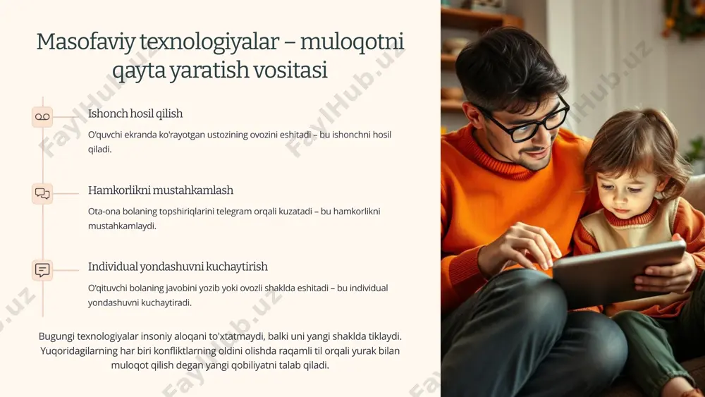 l aloqalardagi tabassum va sabr orqali ishonch muhitini yaratish yuzma-yuz muloqotda ko'z qarashlar orqali bildiriladigan qo'llab-quvvatlov, masofaviy ta'limda turli usullar bilan ifodalanadi. bularning barchasi bolaning o'zini qadrlangan va tushunilgan his qilishiga olib keladi, bu esa o'quv jarayonining samaradorligini oshiradi. 8 masofaviy ta'limda ota-ona bilan hamkorlik muntazam aloqa ota-onalar bilan doimiy muloqot o'rnatish, ularning savollariga o'z vaqtida javob berish va bolaning yutuqlari haqida xabar berib turish. haftalik hisobotlar shaxsiy muloqot onlayn uchrashuvlar qo'llab-quvvatlash ota-onalarga masofaviy ta'lim jarayonida bolaga qanday yordam berish bo'yicha tavsiyalar berish, ularning savollariga sabr bilan javob berish. yo'riqnomalar tayyorlash video qo'llanmalar maslahat soatlari hamkorlik ota-onalarni ta'lim jarayonining faol ishtirokchilariga aylantirish, ularning fikrlarini inobatga olish va birgalikda yechimlar izlash. birgalikda rejalashtirish fikr-mulohazalar almashinuvi hamkorlikdagi loyihalar masofaviy ta'limda ota-onalar bilan samarali hamkorlik qilish pedagogik konfliktlarning oldini olishda muhim rol o'ynaydi. ota-onalarni do'stga aylantirish orqali o'qituvchi bolaning ta'lim olishida kuchli qo'llab-quvvatlovchi tizim yaratadi. 9 xulosa: masofa – to'siq emas, imkoniyat yurakdan …