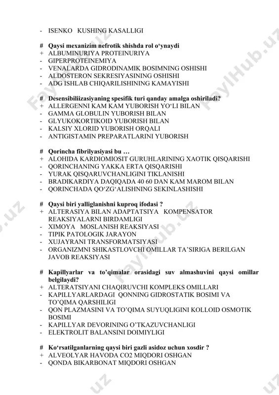 i deyishimiz mumkin? + anginadan keyingi surunkali glomerulonefrit - yumshoq to‘qimalarning ko‘plab jarohatlanishi natijasidagi dvs sindrom - immuntanqislik holatida rivojlangan pnevmoniya - alkogolizmda jigarni yog‘ bosishi - revmatoid artritda bo‘g‘imlar deformasiyasi # total hujayra shikastlanishi sababi + anoksiya - sitokin tanqisligi - kompensasiyali asidoz - kompensasiyali alkaloz - giperoksiya # ca tugunidan tashqarida peysmeker faoliyatining paydo bo‘lishi deyiladi + anomal avtomatizm - oddiy avtomatizm - o‘tkazuvchanlikning buzilishi - qisqaruvchanlik buzilishi - qisqaruvchanlikning to‘liq dissosiasiyasi # gipertenziyani qaysi gormon chaqiradi? + antidiuretik gormon - insulin - glyukagon - paratgormon - melanotrop gormon # quyidagilardan qaysi holat immunologik tolerantlikga xos? + antigen antitelo reaksiyalarga organizm qarshiligi - organizmni sezgirligini ortishi - infeksion kasalliklarga chalinmaslik - har xil ta’sirotlarga organizm tomonidan javob reaksiyasini bo‘lmasligi - organizmni nespesifik omillar ta’siriga berilmasligi # organizmga antigen tushguncha bo‘ladigan t limfositlarni subpopulyasiyalari kichik turlari ga qaysi hujayralar kiradi + antigenni tanuvchi t limfositlar va t effektor hujayralarining …
