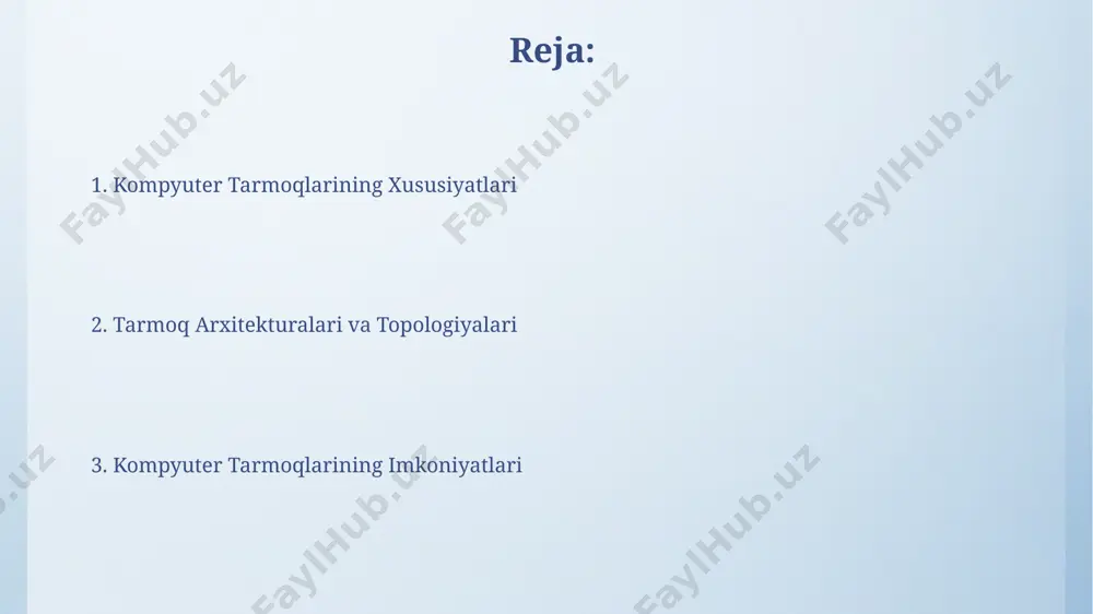 xil protokollar yordamida toshkent shahri bo’ylab keng miqyosda qo’llaniladi. ip manzillar (masalan, 192.168.1.1) va dns serverlar kabi asosiy tarkibiy qismlarsiz kompyuter tarmog’ining to’g’ri ishlashi va global tarmoqqa (internet) ulanishi mumkin emas, bu dunyoning istalgan nuqtasida axborot almashinuvini ta'minlaydi. keng polosali tarmoqlar keng polosali tarmoqlar, masalan, 4g lte yoki 5g, yuqori tezlikdagi ma'lumot uzatishni ta'minlab, toshkent shahri kabi yirik shaharlardagi foydalanuvchilarga bir vaqtning o'zida 100 mbps dan ortiq tezlikda internetga ulanish imkoniyatini beradi. o'zbekistonning qishloq hududlarida keng polosali tarmoqlarning rivojlanishi 2023-yil holatiga ko'ra, 30% dan oshgan bo'lib, bu raqamli tengsizlikni kamaytirish va 1000 dan ortiq aholi punktiga yuqori tezlikli internet yetkazish imkonini beradi. tarmoq qurilmalari тармоқ қурилмалари, масалан, cisco рутери, 10 гбит/с тезликдаги маълумотларни 200 дан ортиқ компьютерларни бирлаштирувчи маҳаллий тармоқда (lan) ишловчи катта ҳажмдаги трафикни самарали бошқара олади. uzbekistonning poytaxt shahri toshkentdagi yirik korxonalarning ko'pchiligida 100 dan ortiq qurilmalarni birlashtiruvchi, vpn xizmatlarini qo'llab-quvvatlovchi va xavfsizlik devori (firewall) bilan jihozlangan tarmoq …