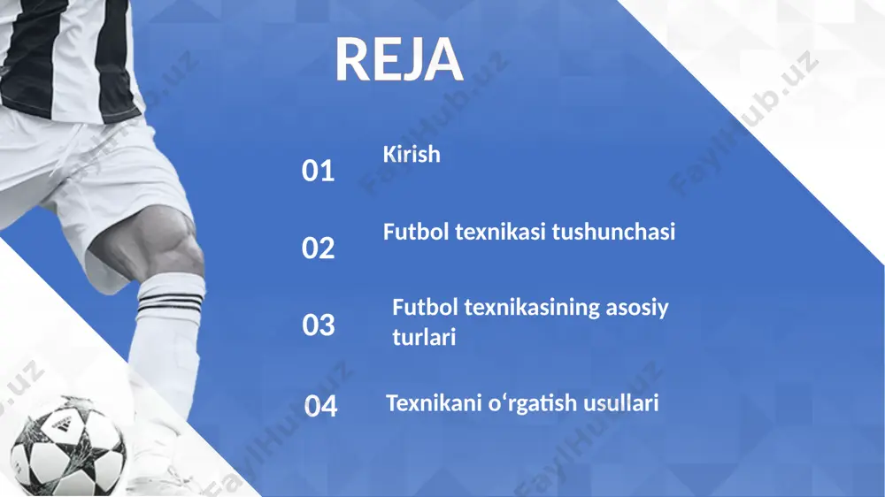 rgarligini to‘psiz va to‘p bilan amalga oshirilib bunda asosan yugurishlar, yurishlar, sakrashlar, to‘xtashlar va burilishlar uning asosini tashkil etadi. futbolchilar maydonda asosan asosiy o‘yin o‘ynash holatlarini turish-yugurish, almashinib yugurish, harakatni tezda o‘zgartirish, yo‘nalish tezligini har-xilligi joydan va yugurib kelib balandga sakrash, o‘z gavda og‘irligi bir oyog‘idan ikkinchisiga tezda almashtirish, tezda to‘xtash va joydan tezkor chiqib ketish, start tezligini oshirish, joyidan va yugurib ketayotib to‘xtash va burilishlar shular jumlasiga kiradi. futbol texnikasining asosiy turlari futbolda texnikani rivojlantirish: so'nggi yillarda ilg'or texnologiyalar integratsiyasi tufayli elita futboli chuqur o'zgarishlarni boshdan kechirdi. o'yinchilarni kuzatish tizimlaridan uyquni boshqarish dasturiga qadar o'yinchilar o'zlarining ish faoliyatini yaxshilashga imkon beruvchi bir nechta vositalarga ega. futbol texnikasini o'rganish, ehtimol, mashg'ulot jarayonining eng katta qismini oladi. qoidaga ko'ra, boy texnik arsenalga ega bo'lgan futbolchi boshqalardan bir qadam oldinda turadi. to'pni dribling qilish, to'pni qabul qilish, to'pni uzatish, zarba berish texnikasi - bularning barchasi doimiy takomillashishni va rivojlantirishni talab qiladi. albatta, …