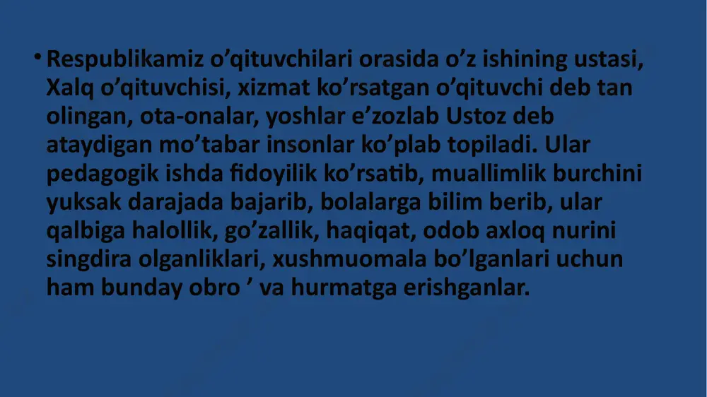 ishiga havas qo’ygan bo’lsa, u yaxshi o’qshpuvchi bo’ladi. agar o’qituvchi bolaga faqat otasi va onasi kabi havas qo’ygan bo’lsa, u oldingi o’qituvchidan yaxshiroq bo’ladi. foydalanilgan adabiyotlar: sayidahmedov n. pedagogik mahorat va pedagogik texnologiya. – t.: opi, 2003. sultonova g.a. pedagogik mahorat. – t.: nizomiy nomidagi tdpu, 2005. markova a.k. psixologiya professionalizma. – m.: znaniye, 1996. muslimov n.a. bo‘lajak kasb ta’limi pedagoglarini kasbiy shakllantirish / monografiya. – t.: fan, 2004. muslimov n.a., va boshqalar. kasb ta’limi pedagog-larining kasbiy kompetentligini shakllantirish texnologiyasi/ monografiya. – t.: “fan va texnologiya” nashriѐti, 2013. muslimov n.a., usmonboyeva m.h., sayfurov d.m., to‘rayev a.b. pedagogik kompetentlik va kreativlik asoslari – toshkent, 2015. image1.jpeg image2.jpeg image3.jpeg /docprops/thumbnail.jpeg
