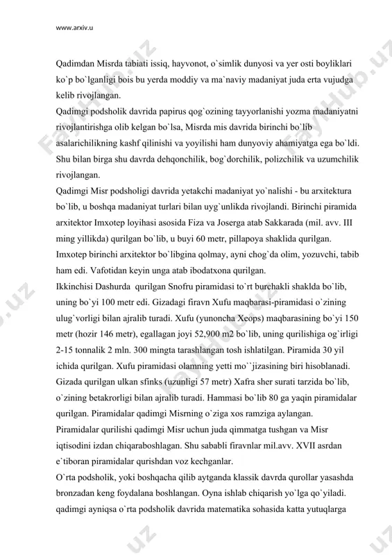 il.avv. xvii asrdan e`tiboran piramidalar qurishdan voz kechganlar. o`rta podsholik, yoki boshqacha qilib aytganda klassik davrda qurollar yasashda bronzadan keng foydalana boshlangan. oyna ishlab chiqarish yo`lga qo`yiladi. qadimgi ayniqsa o`rta podsholik davrida matematika sohasida katta yutuqlarga erishilgan. jumladan, sanoq tizimi kashf etilgan. misr yozuvida 1, 10, 100, 1000, 10000, 100000, hatto millionni ham bildiruvchi alohida belgilar bo`lgan. misr astronomlari yulduzlar, sayyoralar harakatini o`rganib, birinchi yulduzlar osmoni xaritasini tuzganlar. shunday xaritalar senmut maqbarasi, edfu va dendir ibodatxonalarining shiplarida saqlanib qolgan. misr astronomlari dunyoda birinchi bo`lib alohida taqvim tuzganlar. unga ko`ra, bir yil 365 kunni tashkil qilib, u 12 oyga bo`linadi. har oy 30 kundan iborat bo`lgan qolgan 5 kunni esa bayram qilishgan. qum va suv soatlari ham dastlab misrda kashf etilgan. misrda tibbiyot ham erta rivojlangan. mil.avv. 3600 yilda memfisda afsonaviy tabib imxoteb sharafiga maxsus ibodatxona qurilib, u yerda bemorlarga tibbiy yordam ko`rsatilgan. geliopolis va sais shaharlarida tabiblar tayyorlaydigan maxsus maktablar …