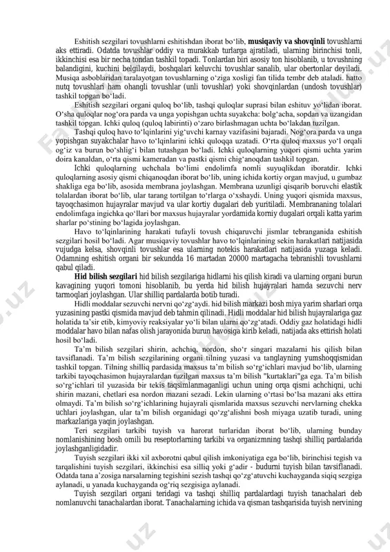 tashlanadi, bolada esa xatti-harakatning keskin o‘zgarishiga sabab bo‘ladi. chunki bola tana a’zolaridagi ichki holatini anglash, his qilish imkoniyatiga ega emas. shuning uchun undagi xatti- harakatning umumiy o‘zgarishi belgilardan buni sezish mumkin. interoretseptiv sezgilar organizmdagi ichki jarayonlarni o‘zaro o‘rin almashtirish muvozanatini ta’minlab turishning asosi hisoblanadi. bu jarayonni bir so‘z bilan aytganda, organizmdagi jarayonlarni o‘zaro o‘rin almashib turishning gemostazi (barqarorligi) deb ataladi. shuningdek, mazkur sezgilar insonda yuzaga keladigan puls, zo‘riqish, affekt holatlarini yo‘qotish, tug‘ilib kelayotgan mayllarni qondirish bilan bog‘liq vazifani bajaradi. natijada ichki tana a’zolarining faoliyatini izdan chiqarish holati yuz berishi mumkin. interoretseptiv sezgilarning fiziologik mexanizmlari interosepsiya bilan birgalikda k.m.bikov, v.n. chernigovkiylar tomonidan atroflicha o‘rganilgan. ularning fikriga ko‘ra, bu narsalarning barchasi shartli reflektor faoliyati mexanizmlaridan kelib chiqadi proprioseptiv sezgilar gavdaning fazodagi holati to‘g‘risida signallar bilan ta’minlab turadi. ular inson harakatining boshqaruvchisi hisoblanib va afferent asosini tashkil qiladi. pereferik reseptorlar muskullar, pay va bo‘g‘imlarda joylashgan bo‘lib, maxsus tanachalar shakliga ega va ular puchchini …
