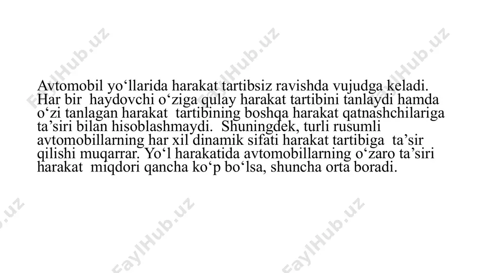 ladi. chet davlatlarda yo‘l sharoitining yomonligi oqibatida quyidagi miqdorda yth umumiy soniga nisbatan angliya - 6,7 %; ispaniya - 6,5 %; fransiya - 10,8 % shvesiya - 6,1%; yugoslaviya - 20,4 %; yaponiya - 17,3 % sodir etilgan. foydalanilgan adabiyotlar ”o‘zbekiston respublikasi yo‘l harakati xavfsizligini ta’minlash tizimni yanada takomillashtirish chora-tadbirlari to‘g‘risida” vazirlar mahkamasining 2018 yil 19 maydagi 377-son qarori. azizov q.x., darabov m., sayfutdinova r.a. obespechenie bezopasnosti dvijeniya na gorodskix ulitsax. –t.: tadi, 2009. – 132 s. ryabchinskiy a.i. reglamentatsiya aktivnoy i passivnoy bezopasnosti etiboringiz uchun raxmat image1.png /docprops/thumbnail.jpeg