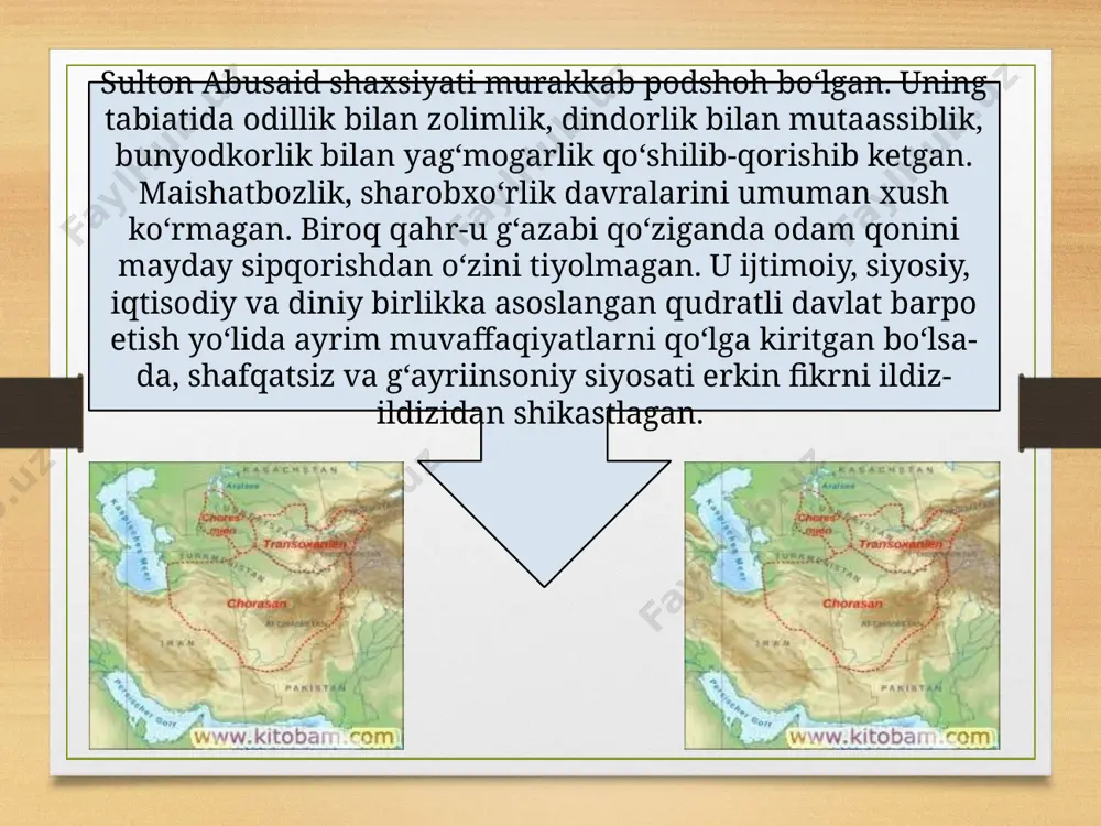 onligi davrida abusaid doimiy ravishda hokimiyatini mustahkamlashga, isyonkor amaldor-noiblarni jazolashga asosiy e’tiborini qaratdi. shuningdek, u birmuncha iqtisodiy va madaniy tadbirlar o‘tkazishga ham urindi. lekin, uning bu sohadagi ishlari o‘zining ijobiy natijasini bermadi, ma’rifat va madaniyat mirzo ulug‘bek davridek yuqori darajaga chiqa olmadi. abusaid o‘z hokimiyatini mustahkamlash yo‘lida ko‘plab qirg‘in-barot ishlarini amalga oshirdi, ko‘zga ko‘ringan obro‘li shaxslar turli jazolarga mubtalo etildi. sulton abusaid mirzo xuroson, eron, xorazmdagi siyosiy tarqoqlikni ham butkul tugata olmadi. hirot taxtiga da’vogarlardan biri umarshayxning evarasi, yosh temuriy shahzoda sulton husayn (1438-1506) abulqosim bobur vafotidan (1457 y.) keyin xuroson mulki uchun o‘z harakatlarini boshlab yuborgan edi. u xv asrning 60-yillaridan katta harbiy otryadga bosh bo‘lib, 1461-1464 yillarda hirot, obivard, niso, mashhad va xorazmda hokimiyat uchun goh muvaffaqiyatli, goho muvaffaqiyatsiz kurashlarni olib bordi. 1469 yili erta bahorda temuriylarga avvaldan tegishli bo‘lgan g‘arbiy eron yerlarini qaytarib olish maqsadida sulton abusaid mirzo oqqo‘yunlu turkmanlariga qarshi yurishni boshlaydi. biroq, oqqo‘yunlular hokimi uzun …