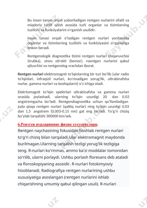 illuminatsiyasi. fluoroskopiya - bu anatomik va funktsional usul bo'lib, umuman normal, patologik jarayonlar va organizmning holatini, ayrim organlar va tizimlarni, shuningdek to'qimalarni lyuminestsent ekranning soya tasviri bilan o'rganish imkoniyatini beradi. bemorlarni turli xil proektsiyalarda va pozitsiyalarda tekshirishga imkon beradi, shu sababli siz patologik soyaning shakllanishi yaxshiroq aniqlangan pozitsiyani tanlashingiz mumkin. bir qator ichki organlarning funktsional holatini o'rganish qobiliyati: o'pka, nafas olishning turli bosqichlarida; katta tomirlar bilan yurakning pulsatsiyasi. rentgenografiya - rentgen nurlari yordamida suratga olish. rentgen nurlanishida o'qqa tutiladigan ob'ekt plyonka yuklangan kassetaga yaqin aloqada bo'lishi kerak. naychadan chiqadigan rentgen nurlanishi buyumning o'rtasidan perpendikulyar ravishda plyonka markaziga yo'naltiriladi (normal ish sharoitida fokus va bemorning terisi orasidagi masofa 60-100 sm). rentgenografiya uchun zarur uskunalar mustahkamlovchi ekranli kassetalar, skrining tarmoqlari va maxsus rentgen plyonkalari. kassetalar shaffof bo'lmagan materialdan tayyorlangan va hajmi bo'yicha ishlab chiqarilgan rentgen plyonkasining standart o'lchamlariga mos keladi (13 × 18 sm, 18 × 24 sm, 24 × 30 sm, …
