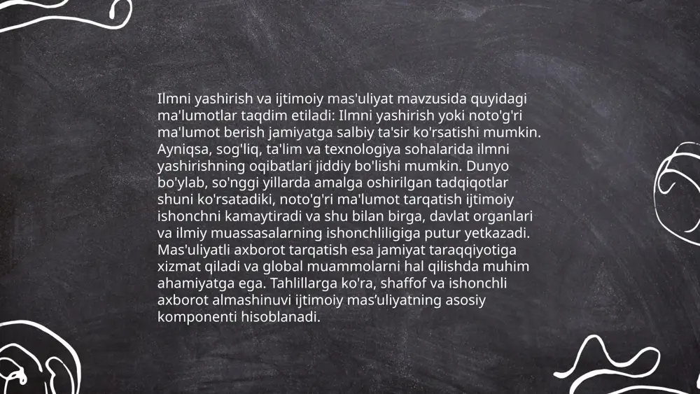 . 2019-yilda o‘zbekistonda statistik ma’lumotlarga ko‘ra, 100 mingdan ortiq maxsus ehtiyojli bolalar mavjud edi. ularning ta’lim sifatini oshirish uchun 300 dan ortiq maxsus maktab va markazlar tashkil etilgan. jumladan, maxsus terapevtik dasturlar va logoped yordamini ko‘rsatish uchun 500 dan ziyod malakali mutaxassislar faoliyat yuritadi. 2021-yildan boshlab davlat byudjeti doirasida maxsus ehtiyojli bolalar uchun qo‘shimcha 30 milliard so‘m ajratilgani qayd etilgan. ushbu tashabbuslar orqali bolalarning jamiyatda teng imkoniyatlarga ega boʻlishi maqsad qilingan. ... t.me/slaydai_bot 3. ta'limda teng imkoniyatlar yaratish mavzusi oʻzbekistonda dolzarb hisoblanadi. 2022-yilda mamlakatda maktabgacha taʼlim muassasalariga qamrov 63% ga, umumtaʼlim maktablariga esa 95% ga yetdi. shaharlarda va qishloqlarda ta'lim olish sharoitlarida farqlar mavjud boʻlib, qishloq joylarda sifatli ta'lim olish imkoniyatlari cheklangan. covid-19 pandemiyasi davrida onlayn ta'limni qoʻllash internetga ulanishi cheklangan hududlarda qiyinchiliklar keltirib chiqardi. hozirda davlat qishloq hududlaridagi maktablarni modernizatsiya qilish va oʻqituvchilar malakasini oshirish uchun dasturlarni amalga oshirmoqda. oliy taʼlimda ham qabul kvotalarini kengaytirish orqali koʻproq yoshlarni jalb …
