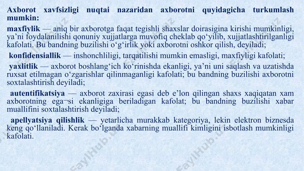 ayllar zararlanadi (ba’zi xollarda disk va fayllarni tiklab bulmaydi): • vinchester orqali kompyuterning ishga tushishi yuqoladi. kompyuter viruslari xarakterlariga nisbatan norezident, rezident, paketli va gibridli va viruslarga ajratiladi. norezident viruslar to‘liqligicha bajarilayotgan faylda joylashadi, shuning uchun ham u faqat virus tashuvchi dastur faollashgandan so‘ng ishga tushadi va bajarilgandan so‘ng tezkor xotirada saqlanmaydi. rezident virus norezident virusdan farqliroq tezkor xotirada saqlanadi. rezident viruslarning yana bir ko‘rinishi but viruslar bo‘lib, bu virusning vazifasi vinchester va egiluvchan magnitli disklarning yuklovchi sektorini ishdan chiqarishdan iborat. but viruslarning boshi diskning yuklovchi but sektorida va dumi disklarning ixtiyoriy boshqa sektorlarida joylashgan bo‘ladi. paketli virusning bosh qismi paketli faylda joylashgan bo‘lib, u operatsion tizim topshiriqlaridan iborat. gibridli viruslarning boshi paketli faylda joylashadi. bu virus xam faylli, ham but sektorli bo‘ladi. asoslangan algoritmlar bo`yicha dasturli viruslarni quyidagicha tasniflash mumkin. parazitli virus — fayllarning tarkibini va diskning sektorini o‘zgartiruvchi virus. bu virus oddiy viruslar turkumidan bo‘lib, osonlik bilan aniqlanadi …