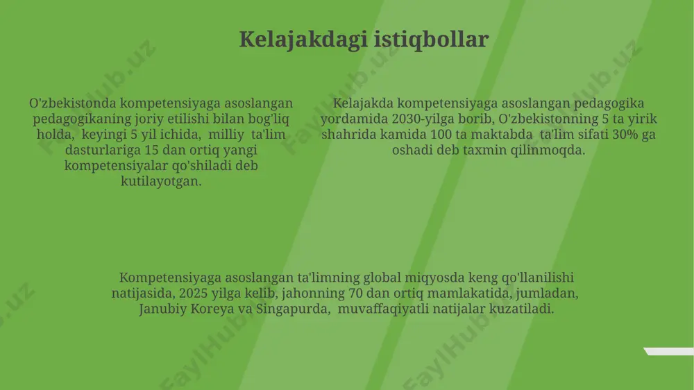 tuzildi. buxoro shahridagi pedagogika kollejida 2022-yilda o'tkazilgan tadqiqot shuni ko'rsatdiki, kompetensiyaga asoslangan ta'lim 85% talabalarda mustaqil fikrlash ko'nikmalarini rivojlantirgan. 2018-yilda toshkent shahridagi 5-maktabda o'tkazilgan amaliy mashg'ulotlarda kompetensiyaga asoslangan yondashuv natijasida o'quvchilarning 70% matematika fanidan yutuqlarini 20% ga oshirishga erishildi. kompetensiyalarni aniqlash va tavsiflash kompetensiyalarni aniqlashda 3 darajali (bilim, ko‘nikma, malaka) yondashuv qo‘llanilib, har bir daraja aniq mezonlar, masalan, 5 ball shkalasi va o‘zbekiston respublikasi ta’lim standartlariga muvofiq tavsiflanadi. xalqaro standartlarga (masalan, aqshning bloom taksonomiyasi) tayanib, kompetensiyalarni aniqlash va tavsiflashda o‘quv natijalarini (kamida 10 ta aniq natija) o‘lchash uchun baholash mezonlari ishlab chiqiladi. kompetensiyaning tarkibiy qismlari (masalan, kommunikativ kompetensiya 7 ta qobiliyatdan iborat) aniq ko‘rsatilishi va har bir qobiliyat uchun konkret misollardan foydalanib (masalan, 2 ta amaliy vaziyat) tavsif berish muhim. kompetensiyaga asoslangan o'quv rejalari davlat ta'lim standartlariga muvofiq, kompetensiyaga asoslangan o'quv rejalari 3 ta asosiy kompetensiya – bilim, ko'nikma va malakalarni rivojlantirishga qaratilgan bo'lib, toshkent shahridagi 10 ta maktabda amaliy …