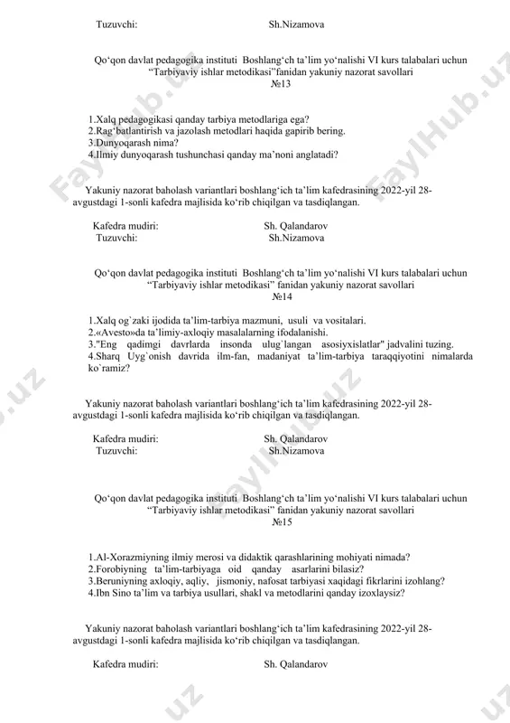 eng qadimgi davrlarda insonda ulug`langan asosiyxislatlar" jadvalini tuzing. 4.sharq uyg`onish davrida ilm-fan, madaniyat ta’lim-tarbiya taraqqiyotini nimalarda ko`ramiz? yakuniy nazorat baholash variantlari boshlang‘ich ta’lim kafedrasining 2022-yil 28-avgustdagi 1-sonli kafedra majlisida ko‘rib chiqilgan va tasdiqlangan. kafedra mudiri: sh. qalandarov tuzuvchi: sh.nizamova qo‘qon davlat pedagogika instituti boshlang‘ch ta’lim yo‘nalishi vi kurs talabalari uchun “tarbiyaviy ishlar metodikasi” fanidan yakuniy nazorat savollari №15 1.al-xorazmiyning ilmiy merosi va didaktik qarashlarining mohiyati nimada? 2.forobiyning ta’lim-tarbiyaga oid qanday asarlarini bilasiz? 3.beruniyning axloqiy, aqliy, jismoniy, nafosat tarbiyasi xaqidagi fikrlarini izohlang? 4.ibn sino ta’lim va tarbiya usullari, shakl va metodlarini qanday izoxlaysiz? yakuniy nazorat baholash variantlari boshlang‘ich ta’lim kafedrasining 2022-yil 28-avgustdagi 1-sonli kafedra majlisida ko‘rib chiqilgan va tasdiqlangan. kafedra mudiri: sh. qalandarov tuzuvchi: sh.nizamova qo‘qon davlat pedagogika instituti boshlang‘ch ta’lim yo‘nalishi vi kurs talabalari uchun “tarbiyaviy ishlar metodikasi”fanidan yakuniy nazorat savollari №16 1.nima sababdan xiv asrning ikkinchi yarmi - xvii asrlar sharq uyg`onish davrining ikkinchi bosqichi deyiladi? 2.soxibqiron amir temur …