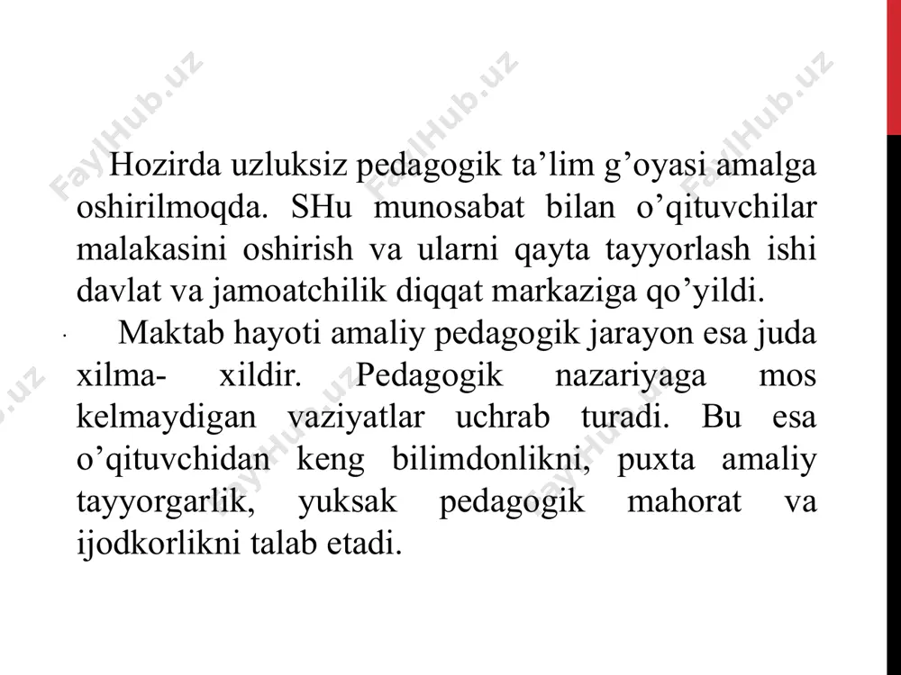 i usuli vositalarini jahon andozasi talablariga mos holda rivojlantirish; ta’lim madaniy-ma’rifiy muassasalarini yangi texnika va texnologiya asosida zamonaviy jihozlash; o’qituvchi murabbiy ijodkorligini ta’minlash kasb mahoratlarini oshirishning samarali yo’llarini topish; oila, mahalla, maktabda ta’lim-tarbiya mazmunini mukammal ishlab-chiqish amaliyotiga keng tadbiq etish. . shunday qilib o’qituvchining mehnatini ilmiy tashkil etish, davlatning bu haqdagi g’amxurligi, barkamol avlodni tarbiyalashdek muqaddas vazifasini yorug’ yuz bilan ado etish uchun kuchli turtki bo’ladi. mehnat shaxsining bir maqsadg’a yo’naltirilgan ijtimoiy-foydali faoliyati bo’lib, u aqliy, jismoniy kuch, zo’r g’ayratni talab etadi. mehnatni ilmiy asosda tashkil etish tamoyillari: 1 rejalashtirish. 3. boshqarish. 2. tashkil etish. 4. nazorat qilish. 1.pedagogik mehnat predmeti-o’quvchi shaxsidir. 2.pedagogik mehnat maqsadi - har tomonlama yetuk bo’lgan komil insonni tarbiyalashdir. pedagogik mehnatning natijasi o’quvchilarni mustaqil ishlay olishi, darslarda o’z fikrini bildira olishi, isbotlay olishi, taxlil qila olishi.shu xislatlarni o’z o’quvchilarida hosil qilishi uning mahoratini belgilab beradi. pedagogik mehnatning mohiyati va o’ziga xos o’qitish va tarbiyalash. o’ziga xosligi …