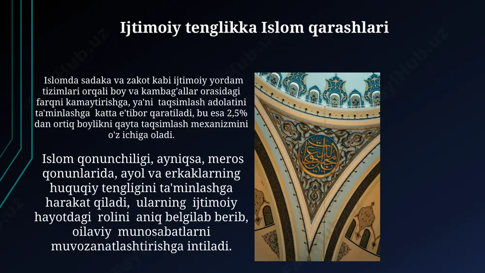rning teng huquq va majburiyatlarga ega ekanligi haqida 40 dan ortiq oyat mavjud bo'lib, bu tenglik tamoyilining diniy asosini mustahkamlaydi. hadislarda ayollarga ta'lim olish, ishlash va o'z huquqlarini himoya qilishda yordam berish kabi ko'plab masalalarga oid ko'rsatmalar mavjud bo'lib, bularning barchasi 1400 yildan ortiq vaqtdan beri amalda qo'llanib kelmoqda. adolat islom ta’limotida islom ta’limotida adolat 5 ta asosiy tamoyilga asoslanadi: tenglik, adolatli hukm, xayrixohlik, shafqat va kechirimlilik. bu tamoyillar qur’on va sunnadagi ko’plab oyat va hadislar orqali tasdiqlanadi. adolatli jamiyat qurish uchun islom 3 ta muhim yo’nalishni ta’kidlaydi: halol topish, ehson qilish va zulmdan himoya qilish. bu uchta element adolatning mustahkam poydevorini tashkil etadi. islomda inson huquqlarini himoya qilish islomda inson huquqlari, xususan, hayot huquqi (5-oyat, baqara surasi) muqaddas deb hisoblanadi va uni himoya qilish barcha musulmonlarning burchidir. islom qonunlari kam ta'minlanganlarni himoya qilish, masalan, yetimlarga (2-bob, baqara surasi) merosdan teng ulush berish kabi, ijtimoiy tenglikni ta'minlashga qaratilgan. islomda diniy …