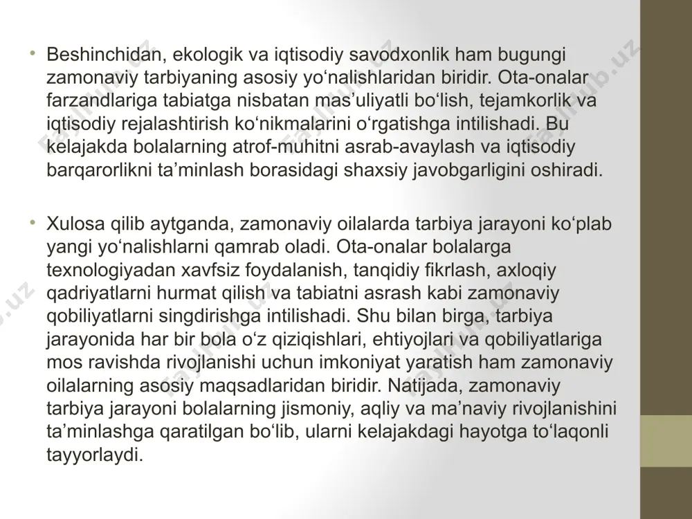 ilasidagi har bir marosimda kattalarga hurmat, mehmondo‘stlik, samimiyat kabi qadr-qimmatlar namoyon bo‘ladi. masalan, "beshik to‘yi" bolani jamiyatga qabul qilish bilan bog‘liq bo‘lib, bu marosim orqali yosh onalar va ayollar bolalarni parvarishlashni o‘rganadilar. shuningdek, "sunnat to‘yi" marosimi orqali o‘g‘il bolalarni yetuklikka, erkaklik mas’uliyatiga tayyorlashga e’tibor qaratiladi. 5. ijtimoiy va iqtisodiy jihatdan qo‘llab-quvvatlash ba’zi marosimlar iqtisodiy jihatdan ham oilani qo‘llab-quvvatlashga xizmat qiladi. misol uchun, "quda-anda" kabi odatlar ikki oilani o‘zaro bog‘lash bilan birga, o‘zaro yordam ko‘rsatish orqali ularning iqtisodiy farovonligiga ham hissa qo‘shadi. 6. madaniy va diniy qadriyatlarni saqlash navro‘z, ramazon va qurbon hayitlari kabi bayramlar madaniy va diniy qadriyatlarni saqlashda muhim rol o‘ynaydi. bu bayramlar davomida oila a’zolari va yaqinlar bir joyga yig‘ilib, o‘zlarining ildizlariga, diniy e’tiqodlariga hurmatlarini namoyon etadilar. bu esa jamiyatdagi madaniy xilma-xillik va bag‘rikenglikni rivojlantirishga yordam beradi. o‘zbek oilasidagi urf-odatlar va marosimlar milliy birlik va jamiyatni mustahkamlash, o‘zaro yordam va mehr-muruvvatni kuchaytirish, yosh avlodni tarbiyalash va ularga milliy …