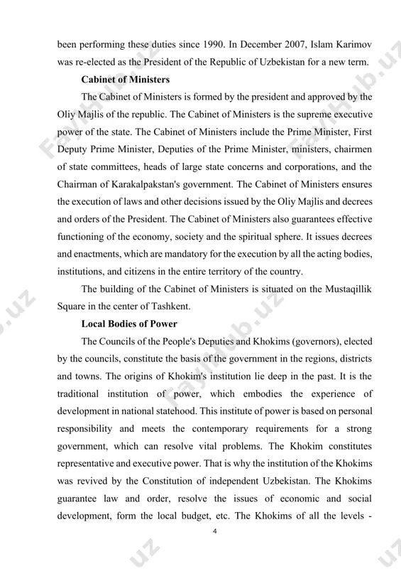 rs is the supreme executive power of the state. the cabinet of ministers include the prime minister, first deputy prime minister, deputies of the prime minister, ministers, chairmen of state committees, heads of large state concerns and corporations, and the chairman of karakalpakstan's government. the cabinet of ministers ensures the execution of laws and other decisions issued by the oliy majlis and decrees and orders of the president. the cabinet of ministers also guarantees effective functioning of the economy, society and the spiritual sphere. it issues decrees and enactments, which are mandatory for the execution by all the acting bodies, institutions, and citizens in the entire territory of the country. the building of the cabinet of ministers is situated on the mustaqillik square in the center of tashkent. local bodies of power the councils of the people's deputies and khokims (governors), elected by the councils, constitute the basis of the …