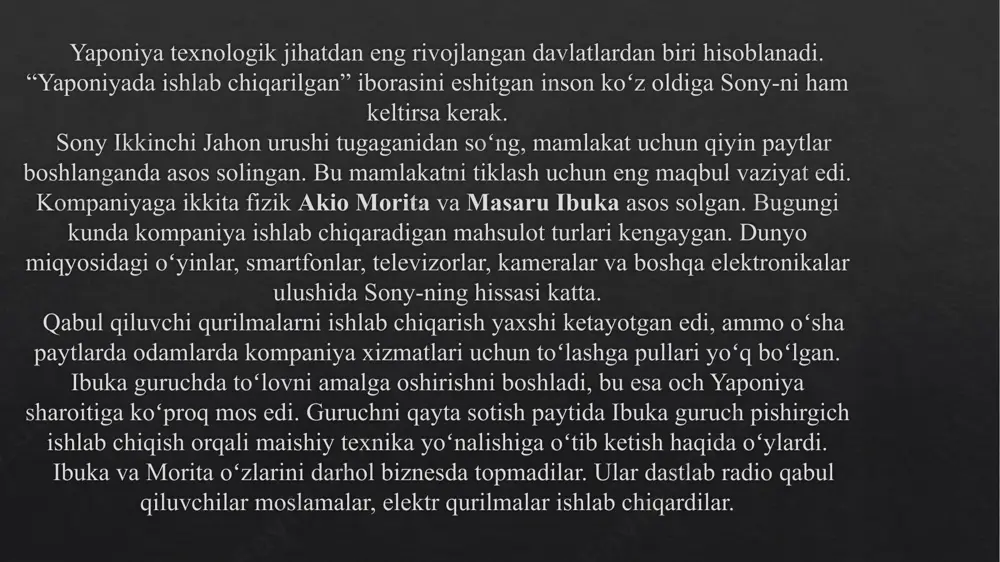hunday qilib, sony o'z brendlari uchun juda ko'p mashhur ma'qullashlardan foydalanadi, deb xulosa qilish mumkin. sony kuchli ijtimoiy tarmoqlarga ega va o'z foydalanuvchilarini video kontent bilan shug'ullanadi, onlayn reklamalar va raqamli marketingning boshqa shakllari. demak, bu sony korporatsiyasining marketing strategiyasi va marketing aralashmasini qamrab oladi murakkab davrlar 2000 yillar oxirida dunyo elektronika bozoridagi raqobatning kuchayishi korporatsiya daromadlarining tushib ketishiga olib keldi: 2007-2014 yillar mobaynida sony olti marta yillik kamomadni qayd etgan. moliyaviy ahvolini yaxshilash maqsadida kompaniya nyu-yorkdagi medison-avenyuda joylashgan idorasi binosini 1,1 milliard dollarga sotishga, bir necha ishlab chiqarish filiallarini yopishga hamda butun dunyo bo‘ylab 10 ming xodimini qisqartirishga majbur bo‘lgan. sony korporatsiyasining sof daromadi 2015 moliyaviy yil yakunlariga ko‘ra (2016 yilning 31 martida nihoyasiga yetdi), 147,8 milliard iyenni (1,3 milliard dollar) tashkil qildi. 2015 yilda 12,2 million televizor, 24,9 million smartfon va 17,7 million o‘yin qurilmalari ishlab chiqarildi. hozirda kompaniya xodimlarning soni 130 ming nafarni tashkil qiladi. sony narx/narx …