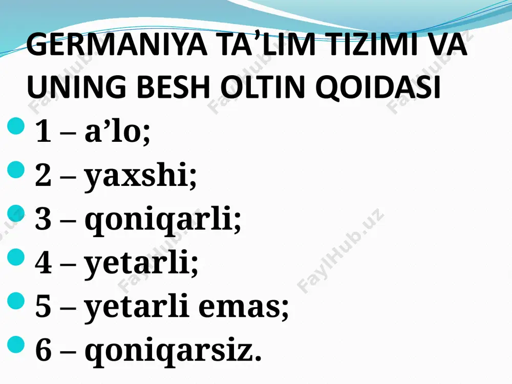 betxoven , nitshe , eynshteyn singari olim va ijodkorlarni bilan dunyoga mashhur . xalqaro doirada eʼtirof etilgan olmon taʼlim dargohlarida mustaqil fikr hamda keng dunyoqarash shakllanishiga alohida eʼtibor beriladi . taʼlim tizimiga tatbiq etilayotgan yangi usullar , so‘nggi axborot texnologiyalaridan unumli foydalanmaganlarga esa juda qiyin . taraqqiyot manzili sari oshiqayotgan jamiyatda bilimsiz o‘z o‘rniga ega bo‘lish amri mahol . darvoqe , olmonlarga xos temir intizom , birso‘zlilik xislatlari ham aynan taʼlim dargohlarida shakllanadi . lyuneburgdagi maktab qo'llanmasi - tafakkur ustaxonasi germaniyada maktabgacha taʼlim muassasalari davlat tizimiga kirmaydi . bolalar bog‘chasi xayriya jamg‘armalari , mahalliy hokimiyat hamda cherkov vasiyligida faoliyat yuritadi . shu bilan birga korxona va tashkilotlar ham o‘z bog‘chasiga ega bo‘lishi mumkin . maktabgacha taʼlim tizimi 3 yoshdan 6 yoshgacha bo‘lgan bolalarni qamrab oladi . hali aqlini tanib ulgurmagan bolalarda o‘z fikrini ifodalash , tengdoshlari va kattalar bilan muloqot qilish qobiliyatini shakllantirish , ularni boshlang‘ich taʼlimga tayyorlashda bog‘chalarning o‘rni …