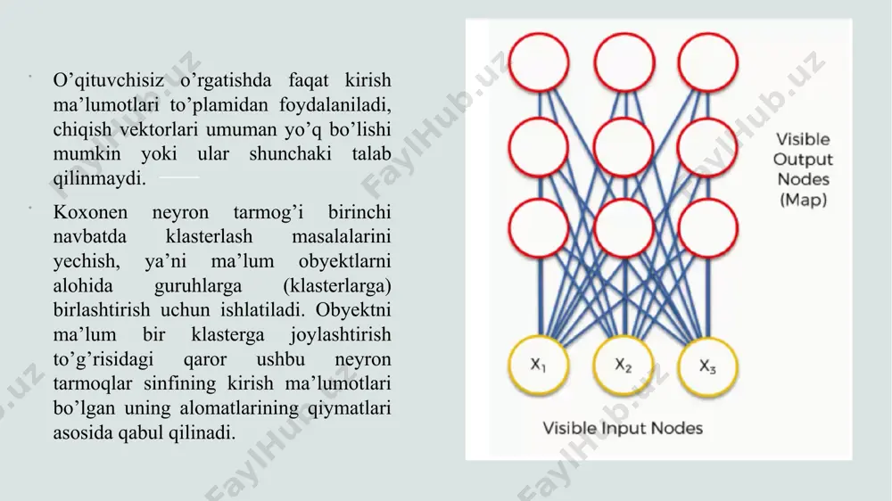 i. dastlab tarmoq strukturasi noma'lum parametr bo'lgan ikkinchi holatga o'tamiz. ya'ni, chiqish neyronlari yo'q, keyin biz quyidagi mexanizmga muvofiq harakat qilamiz. boshlanish nuqtasi r0 evklid masofasining ma'lum bir qiymati bo'lib, u g'olib neyrondan kirish vektoriga maksimal ruxsat etilgan masofaga to'g'ri keladi. elementlardan biri tarmoq kiritishiga xuddi shunday tarzda beriladi, ya'ni o'quv namunasidan kirish vektorining atributlari-koordinatalari. yuqorida tavsiflangan holatda bo'lgani kabi, ushbu vektordan mavjud chiqish neyronlarining har biriga evklid masofalari hisoblab chiqiladi: olingan qiymatlarning minimali topiladi va g'olib chiqish neyroni aniqlanadi. bu rk qiymati va shunga mos ravishda g'olib neyron (k) bo'lsin. agar rk≤r0 munosabati qanoatlansa, g'olib neyronning (k) ulanish og'irliklari xuddi shu formula bo'yicha o'rnatiladi: wiknew​=wikold​+η(s)(xi​−wikold​) farqi qarama-qarshi holat uchun, ya'ni rk1>r0 bo'lganda kuzatiladi. bunday holda, neyron tarmoqqa yangi chiqish neyroni qo'shiladi. va uning og'irlik koeffitsientlari biz tarmoq kiritishiga kiritgan joriy kirish vektoriga teng ravishda o'rnatiladi bundan mantiqan kelib chiqadiki, mashg'ulotning birinchi iteratsiyasida har qanday holatda ham chiqish neyroni qo'shiladi, …
