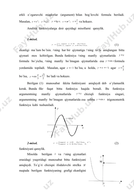 iqlar chiziladi. agar to`g`ri chiziq egri chiziq bilan kamida ikkita nuqtada kesishsa- grafik funktsiyani ifodalamaydi, agar bitta nuqtada kesishsa- grafik funktsiyani ifodalaydi. 3) funktsiyaning jadval usulida berilishi bunday usulda argumentning qiymatlari va funktsiyaning ularga mos qiymatlari jadval ko`rinishida beriladi. ba`zi jarayonlarni o`rganishda funktsiyaning jadval usulida berilishidan foydalanish qulayliklar tug`diradi. masalan, metereologlar yer sharining turli nuqtalariga tushgan yog`inlar jadvalini tuzishadi. yer sharining ana shu turli nuqtalari «argument qiymatlari», yoqin miqdori esa «funktsiyaning qiymatlari» vazifasini bajaradi. suvga ixtiyoriy bosim berilsa, bu bosimga mos kelgan suvning qaynash temperaturasini aniqlash mumkin bo`ladi. bunda temperatura bosimning funktsiyasi bo`lib, ular orasidagi bog`lanish formula bilan emas, balki jadval asosida beriladi. bundagi tajriba asosida olingan ma`lumot qiymatlar bir - biriga taqqoslanadi. jadval usulining yana bir afzallik tomoni shundaki, tayyor jadvallar asosida jarayonning grafigini tuzish, jadval va grafik asosida esa funktsiyaning analitik ko`rinishini, ya`ni formulaviy ifodasini keltirib chiqarish mumkin bo`ladi. funktsiyalarni sinflash funktsiyalar o`z ko`rinishlari, tuzilishi, xususiyatlari va mazmuniga …