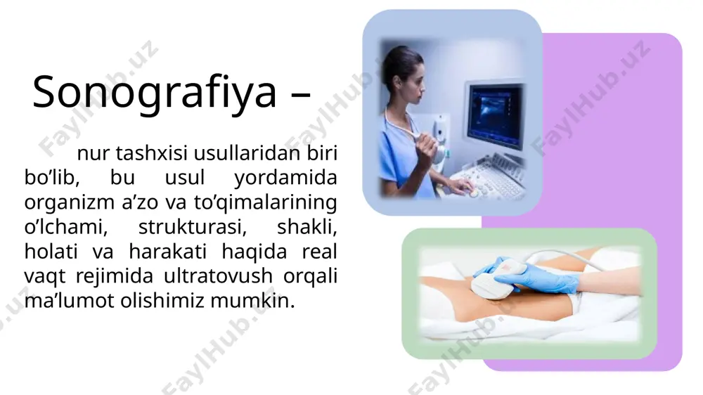 metall, gaz, paylar, boylamlar,; qora ko’rinadi – suyuqliklar kulrang ko’rinadi – boshqa tuzilmalar. rejim b – brightness – ikki o’lchamli (sektorli, 2d) rejim bo’lib, ma’lum chuqurlikda joylashgan a’zoning strukturasi va harakati haqida ma’lumot beradi. bu rejim orqali yurak kameralari hajmini baholash; qorinchalar devori qalinligi va qisqarish qobiliyatini aniqlash; klapan apparati va subvalvulyar tuzilmalar holatini baholash; yurak kameralari, magistral qt tromb bor yoki yo’qligini aniqlash; boshqa a’zolar anatomiyasi, strukturasi va harakatini baholash mumkin. yurak exokgsi: anatomik taqqoslash b rejimda aortal klapan sonografiya b rejimda taloq patologiyasi : taloq kistasi rangli doppler: yurak magnit-rezonans tomografiya – vodorod atomlarining yadrosining magnit rezonansi yordamida organizm ichki a’zo va to’qimalarining tibbiy tomografik tasvirini olish imkonini beradigan nur tashxisi usulidir. mrt: afzalliklar va kamchiliklar ⁕ noinvaziv nur tashxisi usuli; ⁕ xavfsizlik: nurlanishning yo’qligi; ⁕ universallik; ⁕ bemorlarning barcha kategoriyalarida qo’llash mumkinligi; ⁕ 3d modellashtirish imkoniyati mavjudligi. ⁕ to’qimalarning qizib ketishi; ⁕ tana haroratining ortib ketishi; ⁕ …