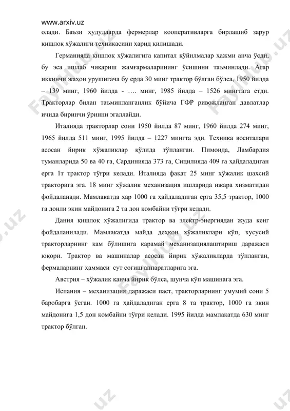 1,27 млн., 1980 йилда 2,56 млн., 1985 йилда 2,79 млн. трактор бўлган. чорвачилик фемаларида сут соғиш ишларининг 60-70фоизга, сув беришлари - 90фоизга механизациялаштирилган. механизациялаштириш ишлари гдрда 16 марта, алоҳида ишларни механизациялаштириш даражаси 100 фоизга ортди. чорвачиликда ҳам қийин ишларни механизациялаштиришда сезиларли ютуқларга эришилди. монголия республикасидаги машина - чорвачилик станциялари қишлоқ хўжалик бирлашмаларига хизмат кўрсатади. ўртача олганда 1 станцияга 64 та трактор, 15 комбайн тўғри келади, улар мамлакат қишлоқ хўжалик бирлашмаларининг 76 фоизига хизмат кўрсатади. руминия қишлоқ хўжалигида дончиликни механизациялаштириш 95-100фоиз га амалга оширилган, кооперативларда 42-88 фоизга оширилган. 1 та тракторга 255 га қишлоқ хўжалиги майдони, 173 га ҳайдаладиган ер тўғри келади. мамлакатларнинг трактор парклари сони бўйича жаҳонда тутган ўрни № давлат номи трактор парки (мингта) 1 ақш 4670 2 собиқ ссср 2798 3 япония 1854 4 франция 1526 5 германия 1500 6 польша 885 7 хитой 873 8 туркия 582 9 канада 658 10 жазоир 67 дунё бўйича 24504 мамлакатларнинг …
