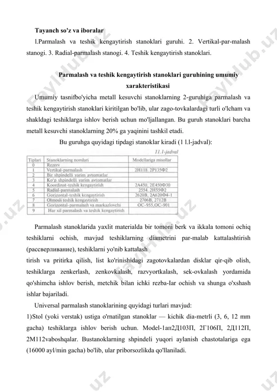 rning ish unum-dorligi bir shpindelli stanoklarnikiga qaraganda birmuncha ortiq bo'ladi. 4) gorizontal-parmalash stanoklari—katta chuqurlikka ega bo'lgan teshiklarga ishlov beradi 5) zagotovkalarning yon qismida markaz teshiklarini hosil qilish uchun mo'ljallangan stanoklar. parmalash stanoklarining asosiy o'lchami sifatida parmalashning eng katta diametri, shpindel konusining o'lchami va uning eng katta yurish yo'li ko'rsatiladi. ixtisoslashtirilgan parmalash stanokiariga agregat stanoklarini kiri-tish mumkin, ular maxsus jihozlar (moslamalar, maxsus kesuvchi asboblar va boshqalar)ga ega bo'lib, odatda ko'p seriyali va keng ko'lamli-oqimli ishlab chiqarishda qo'llaniladi. maxsus parmalash stanoklari bir mahsulot turida bir yoki bir necha operatsialarni bajaradi. ular odatda boshqa mahsulot turiga qayta moslan-maydi. vertikal va radial-parmalash stanoklari vertikal va radial-parmalash stanoklari sanoatda eng ko'p uchray-digan paramalash stanoklari hisoblanadi. vertikal-parmalash stanoklari o'lchamiari nisbatan katta bo'lmagan zagotovkalarda teshiklarga ishlov berish uchun mo'ljallangandir. ishlov o'tadigan zagotovka moslama bilan birga stolning ustiga o'rnatiladi. za-monaviy 2h135-1 modelli vertikal-parmalash stanogi (ll.l-rasm) 2h135 modelli, bundan ilgari chiqarilgan stanokka nisbatan keskin takomillashgan. bunda «suzuvchi» buriluvchi-suriluvchi stol …