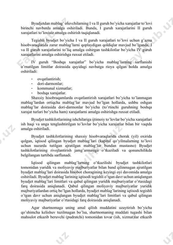 ar va boshqa maqsadlar uchun to’lovlarning tasdiqlangan xarajatlar smetasi va kapital qo’yilmalar limitlari doirasida amalga oshiradi. o’zbekiston respublikasi vazirlar mahkamasining 1999 yil 3 sentyabrdagi 414-sonli “byudjet tashkilotlarini mablag’ bilan ta’minlash tartibini takomillashtirish to’g’risida”[footnoteref:3]gi qaroriga muvofiq, byudjetdan mablag’ oluvchilarni davlat byudjetidan xarajatlarning to’rt guruhi bo’yicha moliyalashtirish tartibi belgilangan: [3: o’zbekiston respublikasi hukumat qarorlari to’plami, 1999 y. № 9, 51-modda] i. ish haqi va unga tenglashtirilgan to’lovlar; ii. ish haqiga qo’shimchalar; iii. kapital qo’yilmalar (davlat investitsiya dasturida nazarda tutilgan manzilli ro’yxatlarga muvofiq); iv. boshqa xarajatlar (oziq-ovqat, dori-darmon, kommunal xizmatlar va boshqa xarajatlar). byudjetdan mablag’ oluvchilarning i va ii guruh bo’yicha xarajatlar to’lovi birinchi navbatda amalga oshiriladi. bunda, i guruh xarajatlarini ii guruh xarajatlari to’lovisiz amalga oshirish taqiqlanadi. tegishli byudjet bo’yicha i va ii guruh xarajatlari to’lovi uchun g’azna hisobvaraqlarida zarur mablag’larni qoplaydigan qoldiqlar mavjud bo’lganda, i va ii guruh xarajatlarini to’liq amalga oshirgan tashkilotlar bo’yicha iv guruh xarajatlarini amalga oshirishga ruxsat etiladi. …