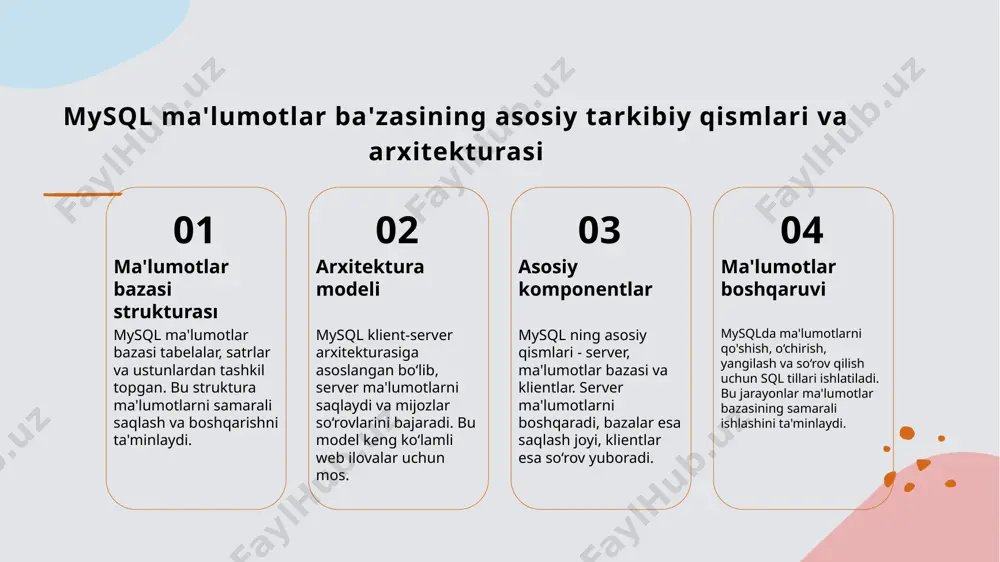 iyalar bilan integratsiya ham kengayib bormoqda. 03 mahalliy texnologik ekotizim o'zbekiston it sohasida dasturchilar va kompaniyalar mysql'ni o'zlarining web-infratuzilmasini rivojlantirishda asosiy vosita sifatida faol foydalanmoqda, bu esa lokal innovatsiyalarni rag'batlantirmoqda. mysql yordamida ma'lumotlarni boshqarish va optimallashtirish jarayonlarining mamlakatdagi amaliyoti 1 ma'lumotlarni boshqarish tizimlari mysql yordamida ma'lumotlar bazalarini boshqarish uchun samarali vositalar va mexanizmlar mavjud. bu tizimlar ma'lumotlarni xavfsiz, barqaror va tezkor tarzda yangilash imkonini beradi. 2 optimizatsiya usullari mamlakatda mysql optimallashtirish uchun indekslar yaratish, so'rovlarni tahlil qilish va konfiguratsiya sozlamalarini to'g'ri qilish keng qo'llaniladi. bu jarayonlar ma'lumotlar tezligini oshiradi. 3 amaliy misollar va natijalar o'zbekistonda o'z web-sayt va ilovalarida mysql bilan ma'lumotlarni boshqarish amaliyotlari muvaffaqiyatli qo'llanilmoqda. bu orqali ma'lumotlar boshqaruvi samaradorligi oshmoqda. mysql ma'lumotlar ba'zasida ma'lumotlarni boshqarish usullari va amaliyotlari 1 ma'lumotlarni qo'shish va o'zgartirish mysqlda ma'lumotlarni qo'shish uchun insert, o'chirish uchun delete va yangilash uchun update buyruqlari keng qo'llaniladi. bu usullar bilan ma'lumotlar bazasi doim yangilab turiladi. 2 ma'lumotlarni …